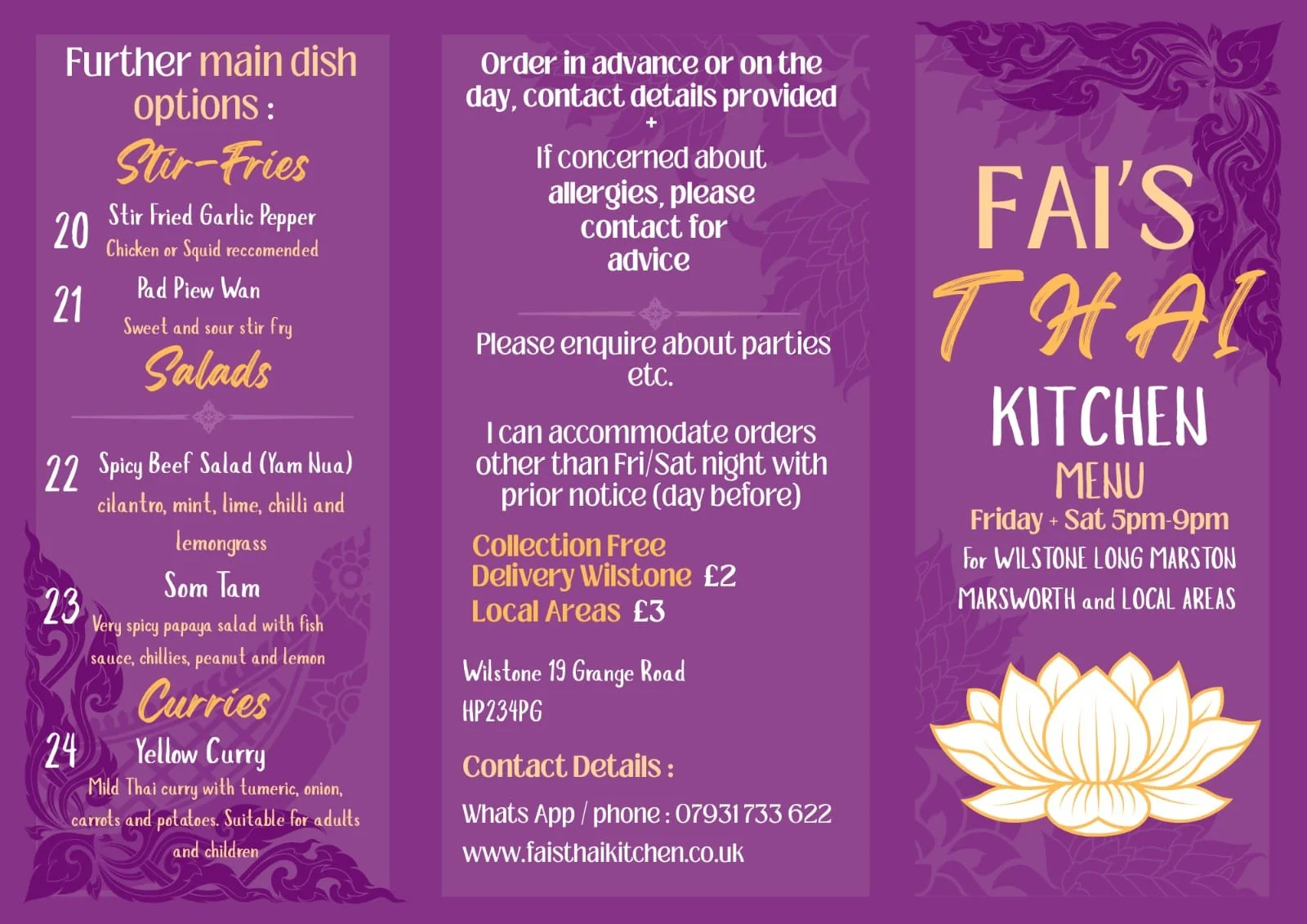 Menu for Fa's Thai Kitchen, featuring stir-fry main dish options including stir fried garlic pepper with chicken or squid, pad piew wan, spicy beef salad, som tam, and yellow curry. The menu indicates Friday and Saturday 5 p.m. to 9 p.m., with contact details and delivery options. The design has purple backgrounds, decorative floral patterns, and a white lotus flower illustration.