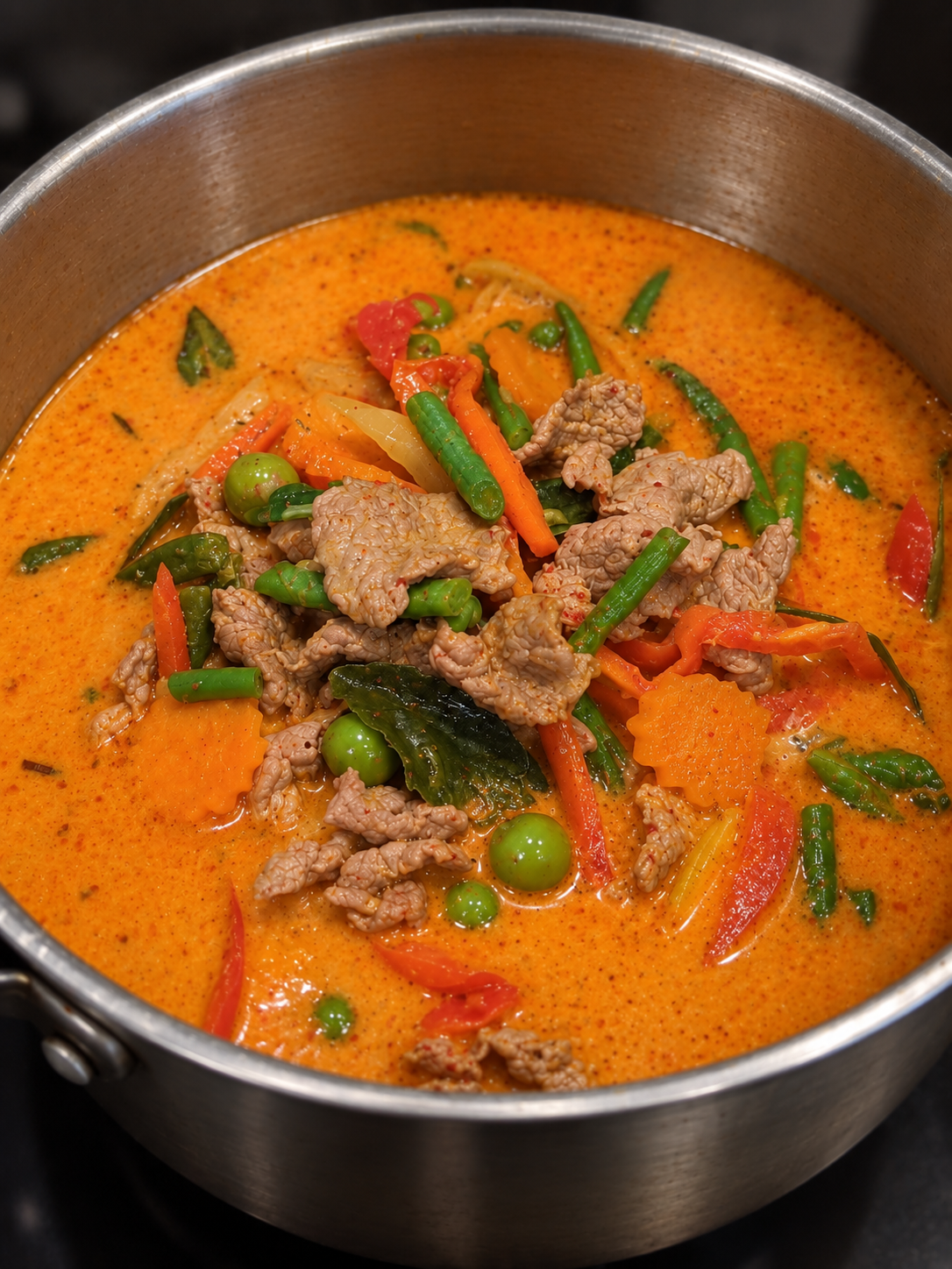 A pot of Thai red curry with chicken, bell peppers, green beans, carrots, peas, and herbs in a rich, orange-colored sauce.