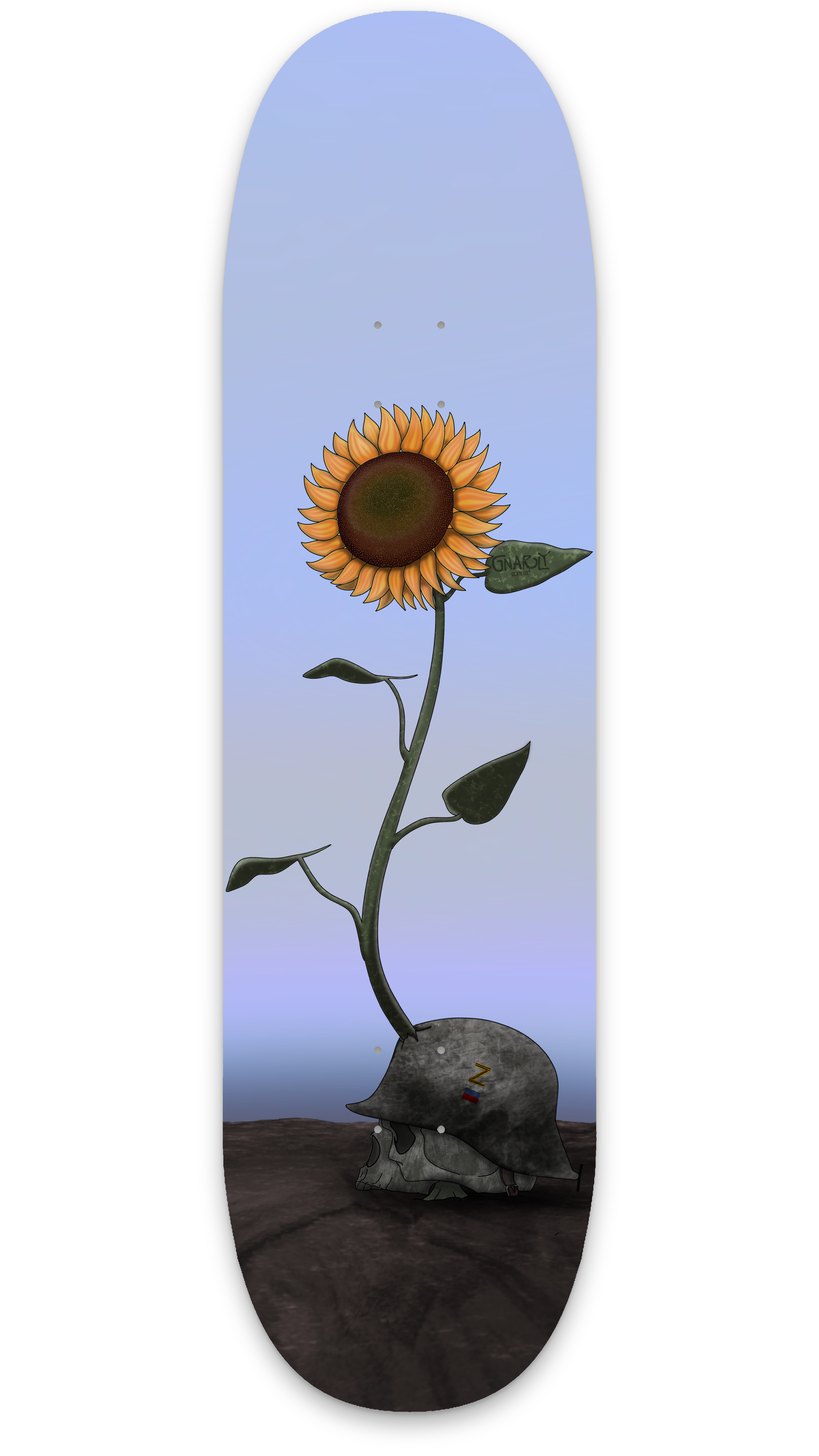 Ein kleines Skelett trägt einen Helm mit deutschen Flaggen und sitzt auf dem Boden. Aus dem Kopf sprießt eine große Sonnenblume, die bis zum Himmel wächst. Der Himmel ist blau mit einem Farbverlauf.