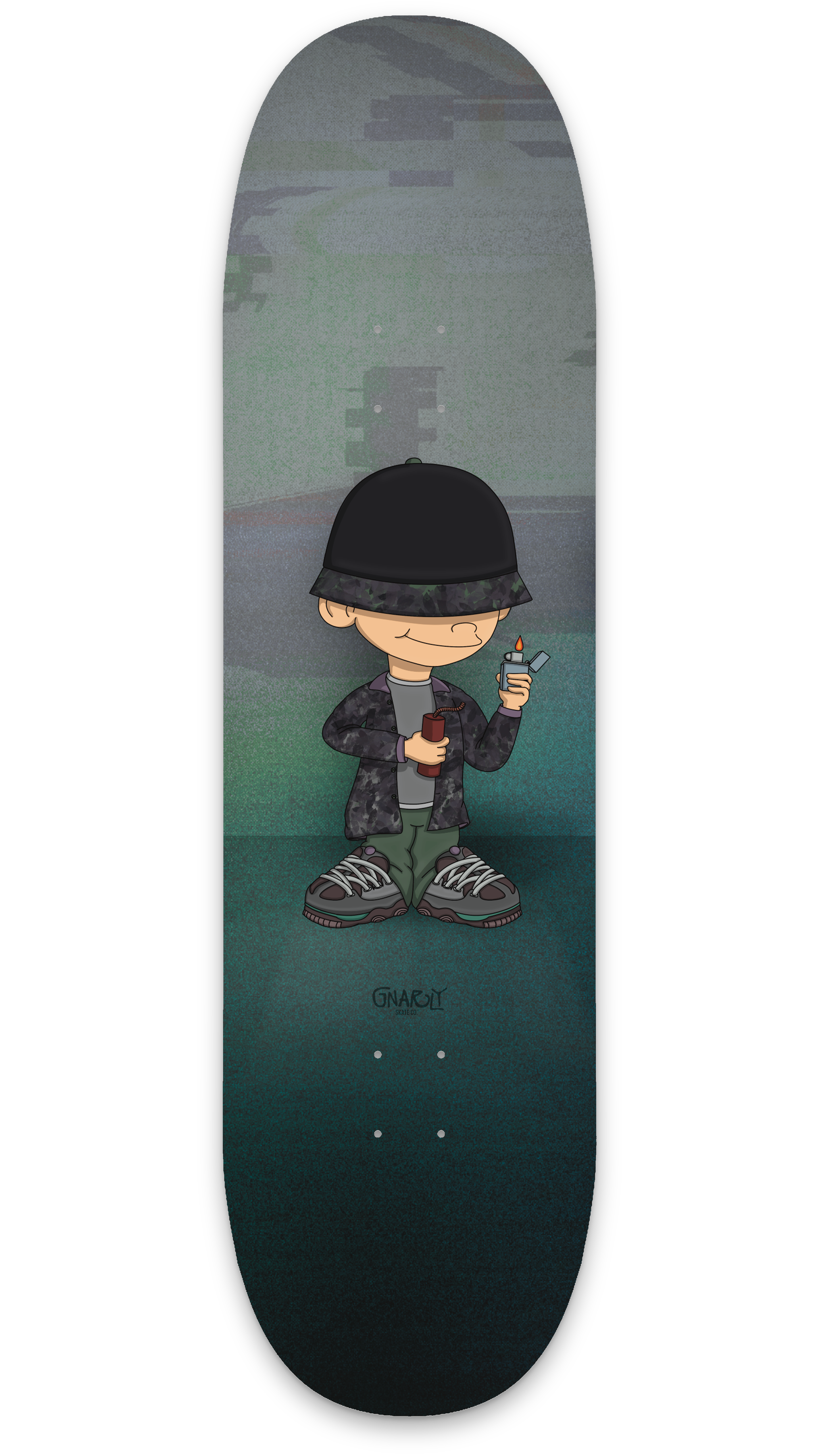 Cartoon-Männchen in Streetwear mit Camouflage-Muster, trägt einen schwarzen Helm und Schuhe, hält eine Zigarettenlichtdose. Hinten ist die Toyota Supra bremse, die im Regen steht.
