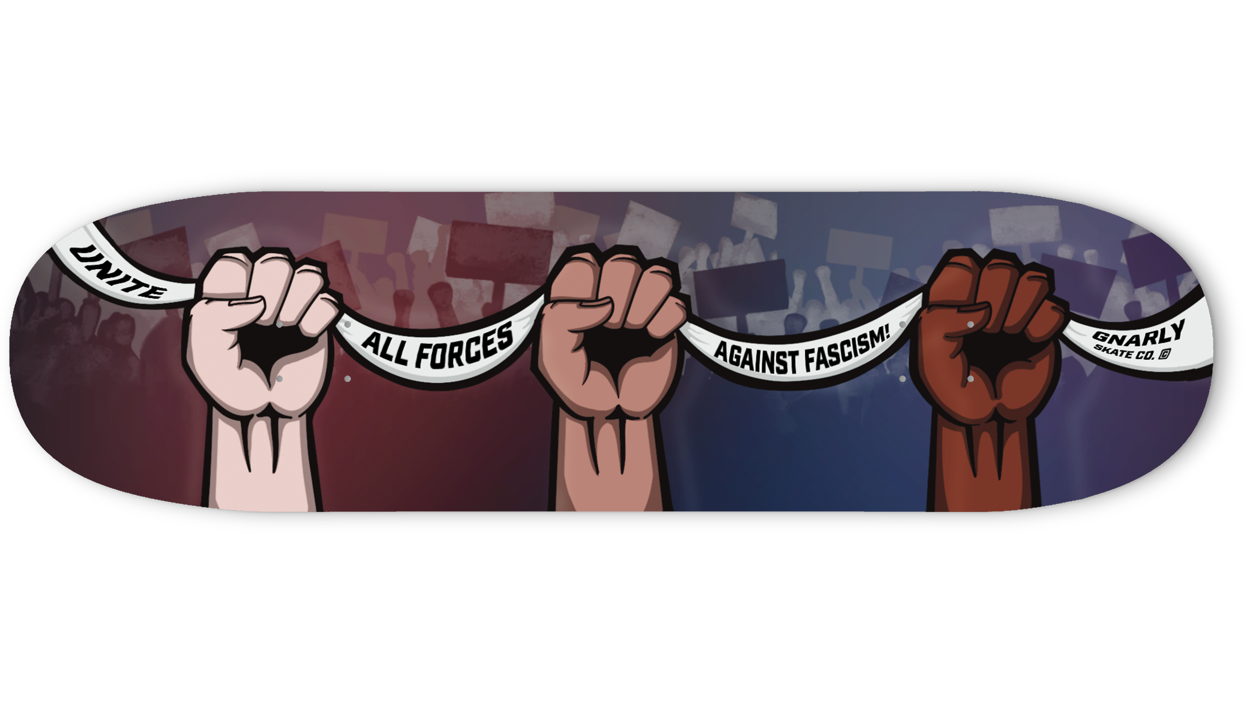 Drei Hände halten ein Transparent mit der Aufschrift 'United All Forces Against Fascism!'.