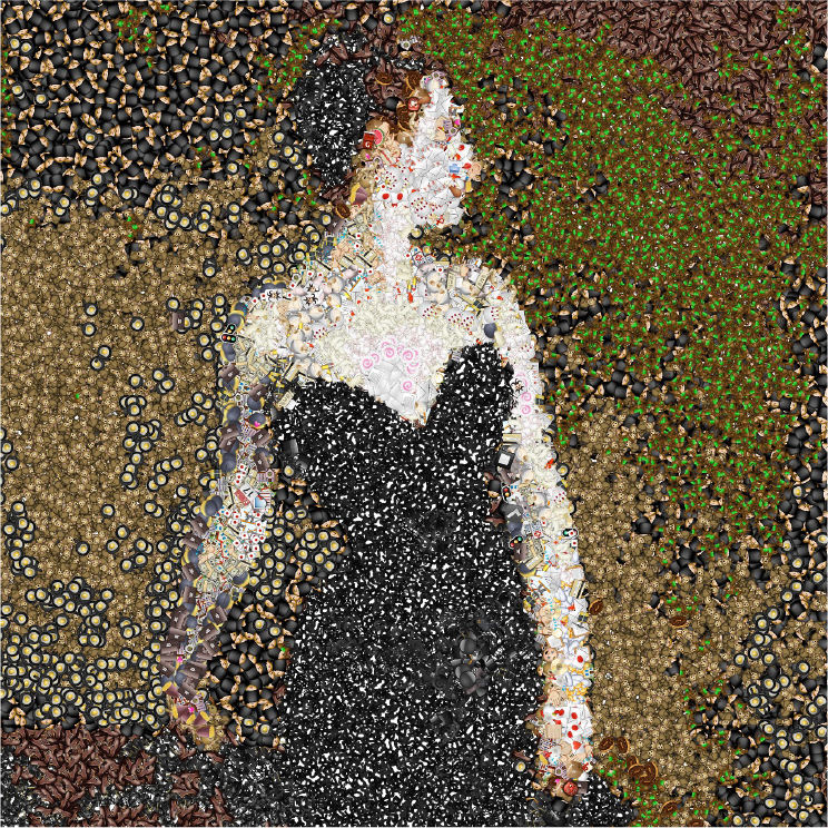 Ein Mosaikbild einer jungen Frau in einem schwarzen Kleid, die eine Hand an die Hüfte legt, umgeben von bunten und verschiedenen Materialien wie Schrauben, Knöpfen und Steinen.