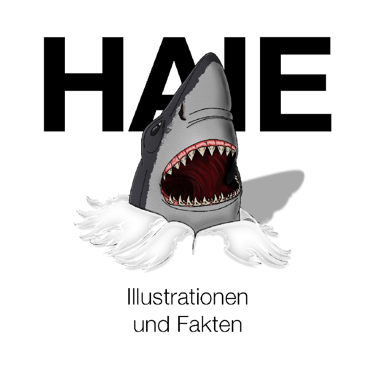 Illustration eines Haifisch-Kopfs mit einem Taucherhelm, der den Mund weit geöffnet zeigt, unter dem die Worte 'Illustrationen und Fakten' stehen.