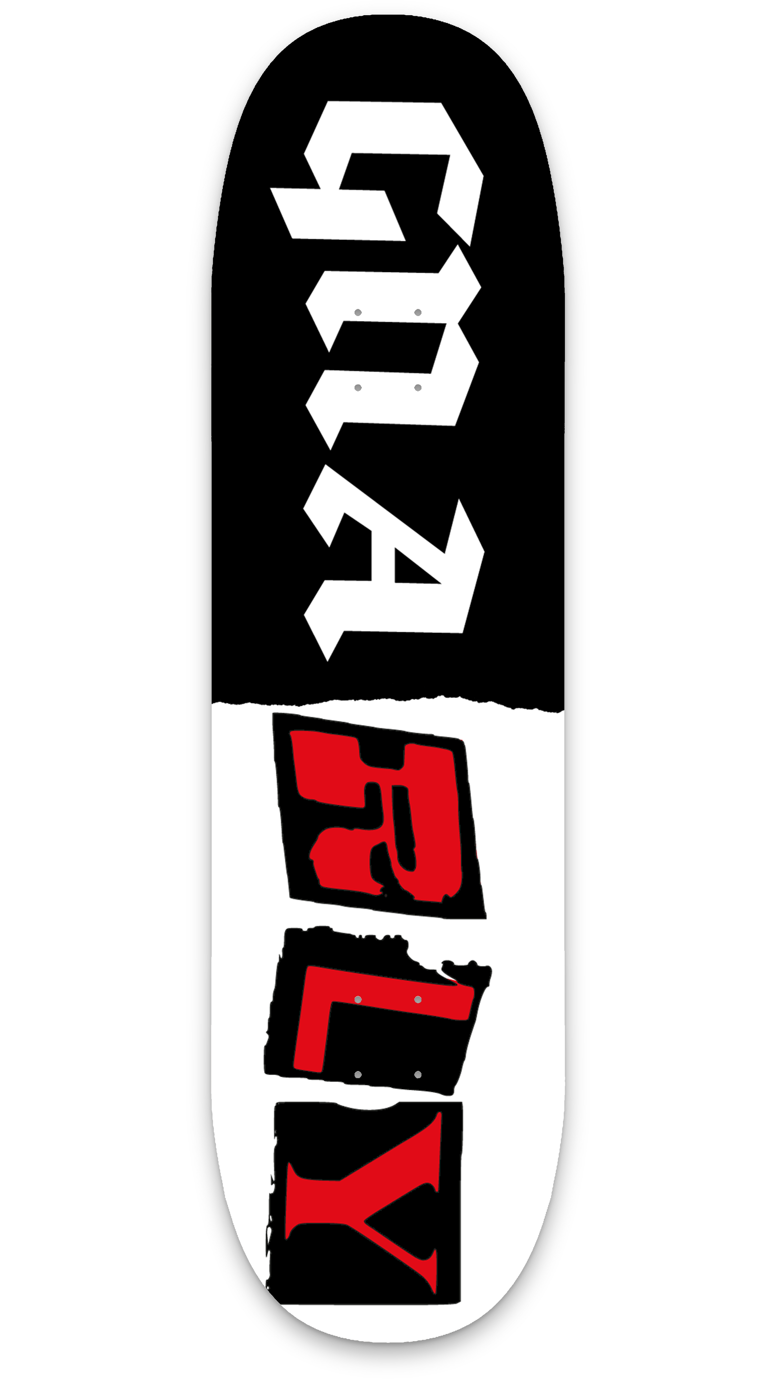 Ein Skateboard mit schwarzem Hintergrund und auffälligem weißen und roten Design. Das Design besteht aus einer stilisierten, geometrischen Schrift mit dem Wort 'FIRE' und rot hervorgehobenen Buchstaben.
