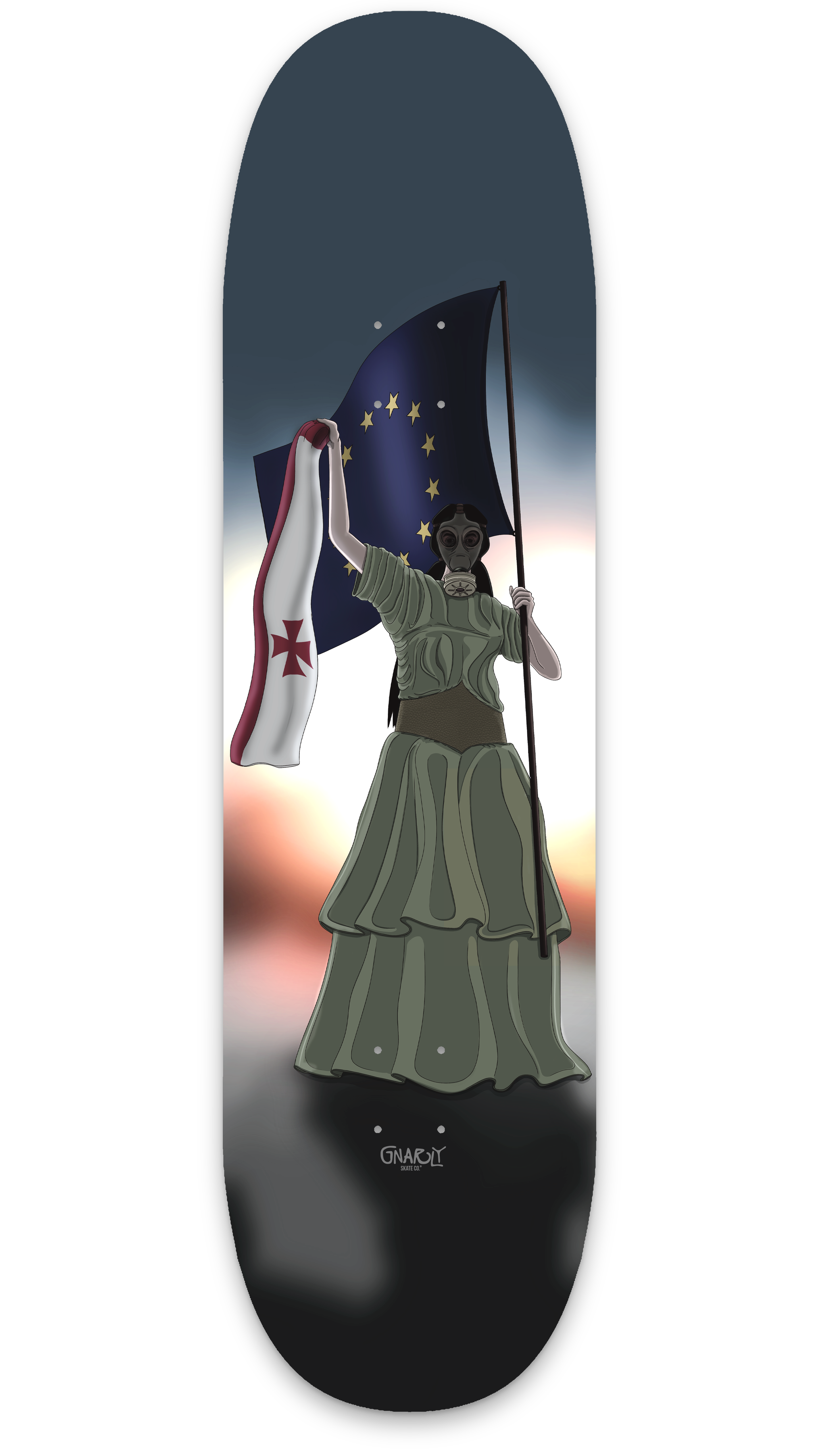 Eine Skulptur einer Frau mit einem Gasmaske, die einen europäischen Union und eine Guinea-Falke-Flagge hält, im Hintergrund ein Sonnenuntergang.