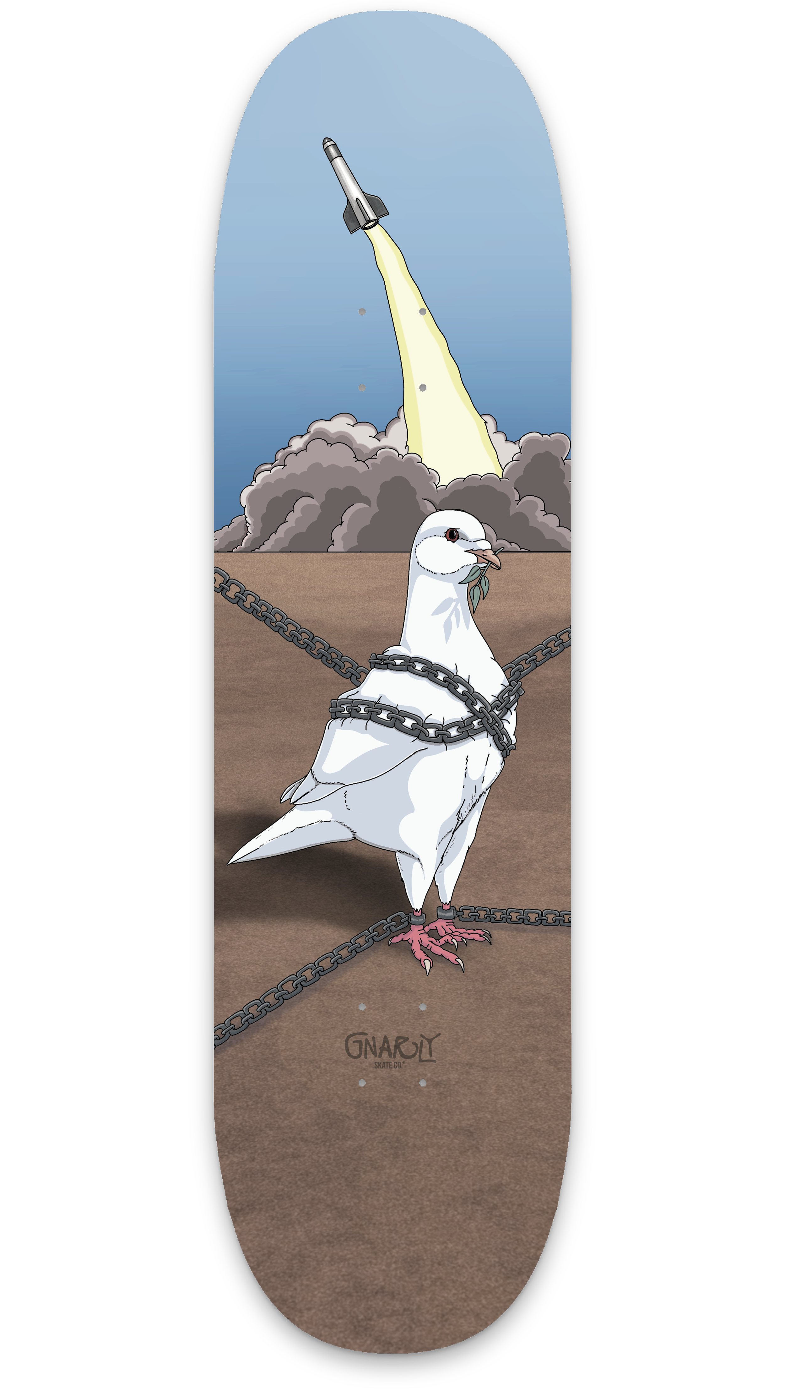 Comic-Style-Motiv mit Taube auf der Erde, gefesselt mit Ketten, im Hintergrund eine Rakete, die in die Luft schießt und Rauch und Wolken hinterlässt.