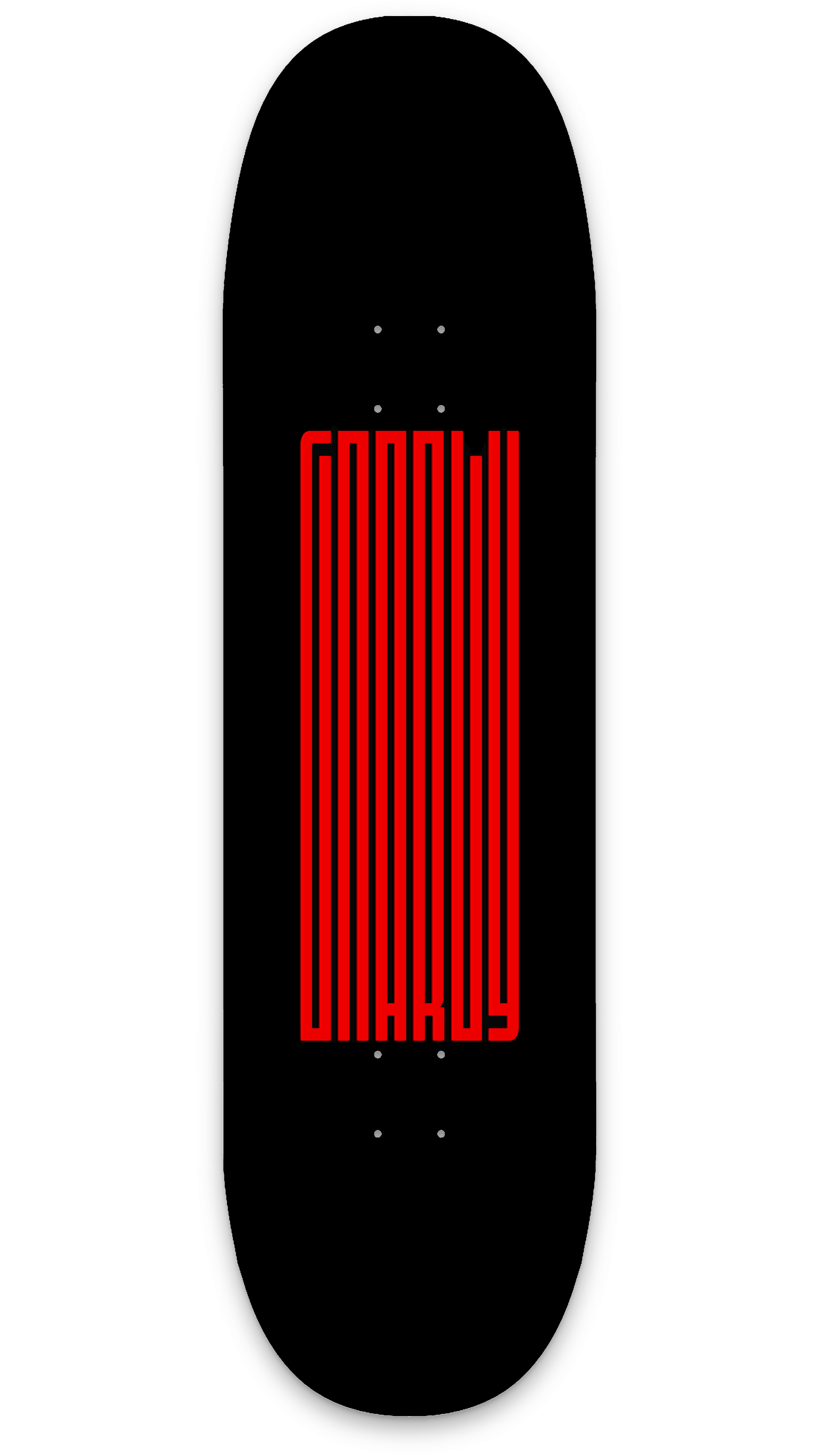 Skateboard mit schwarzer Deckfläche, rot geschriebenem Text 'DANGEROUS' und silbernem Rand.