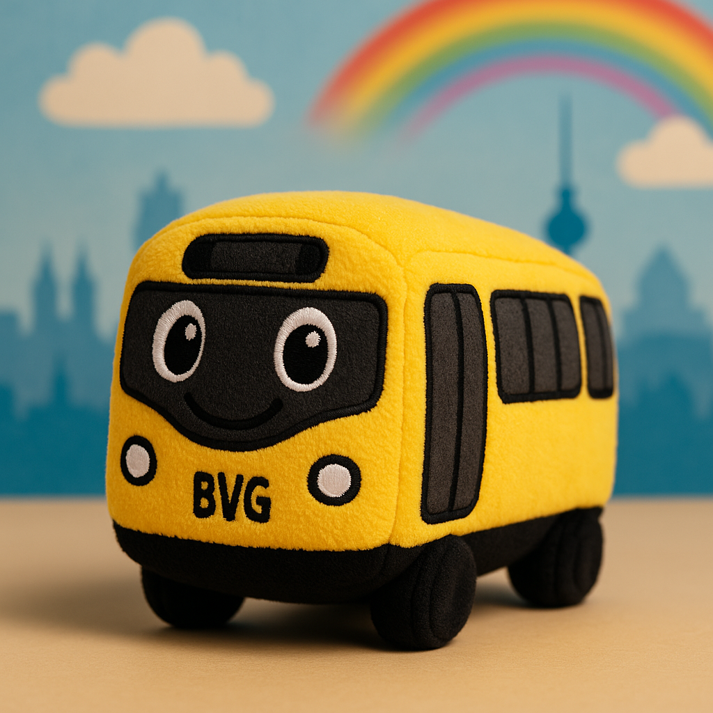 Ein gelbes Stofftier in Form eines Fußgängers, das wie ein Bus aussieht, mit schwarzen Fenstern und Rädern. Es trägt die Aufschrift "BVG" und hat ein lachendes Gesicht.