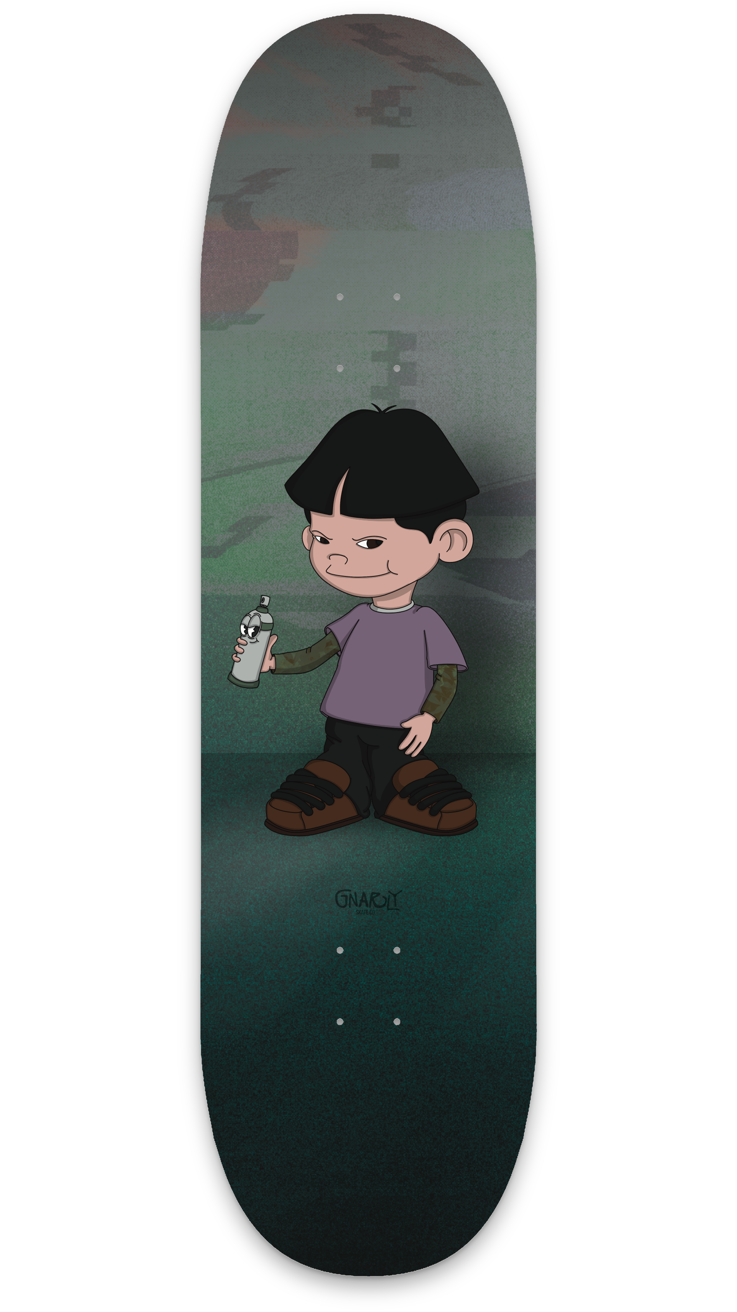 Cartoon-Junge mit schwarzen Haaren, trittsicherem Gesichtsausdruck, trägt eine lila T-Shirt, schwarze Schuhe, hält eine Spraydose, steht vor einer Wand mit Graffiti, die Skateboard-Design zeigt.