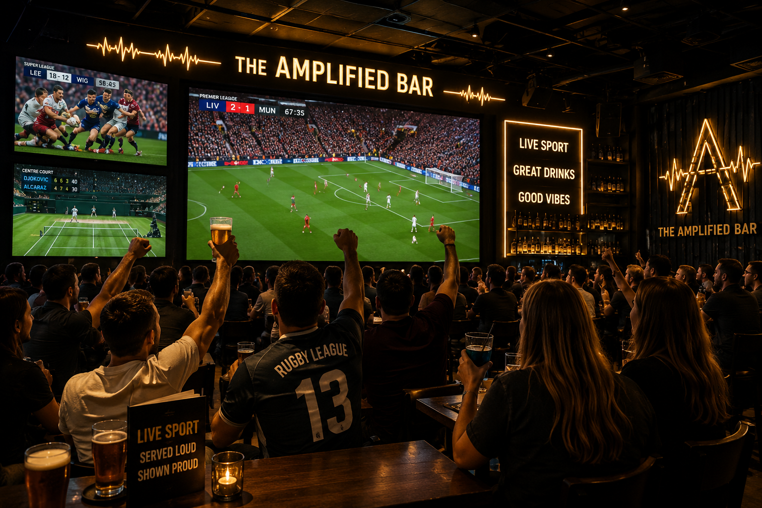 Crowd of sports fans watching a soccer match on large screens at a bar named The Amplified Bar, with neon signs displaying messages like 'Live Sport,' 'Great Drinks,' and 'Good Vibes.' Some fans are raising their hands, and one person holds a glass of beer.
