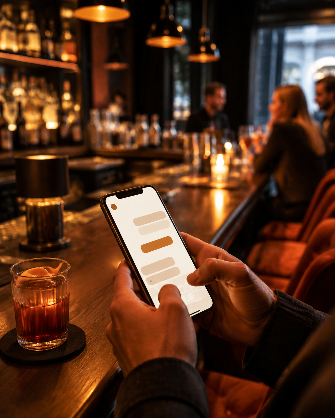 Person holding smartphone at a bar with a drink nearby, while other patrons are seated and chatting in the background.