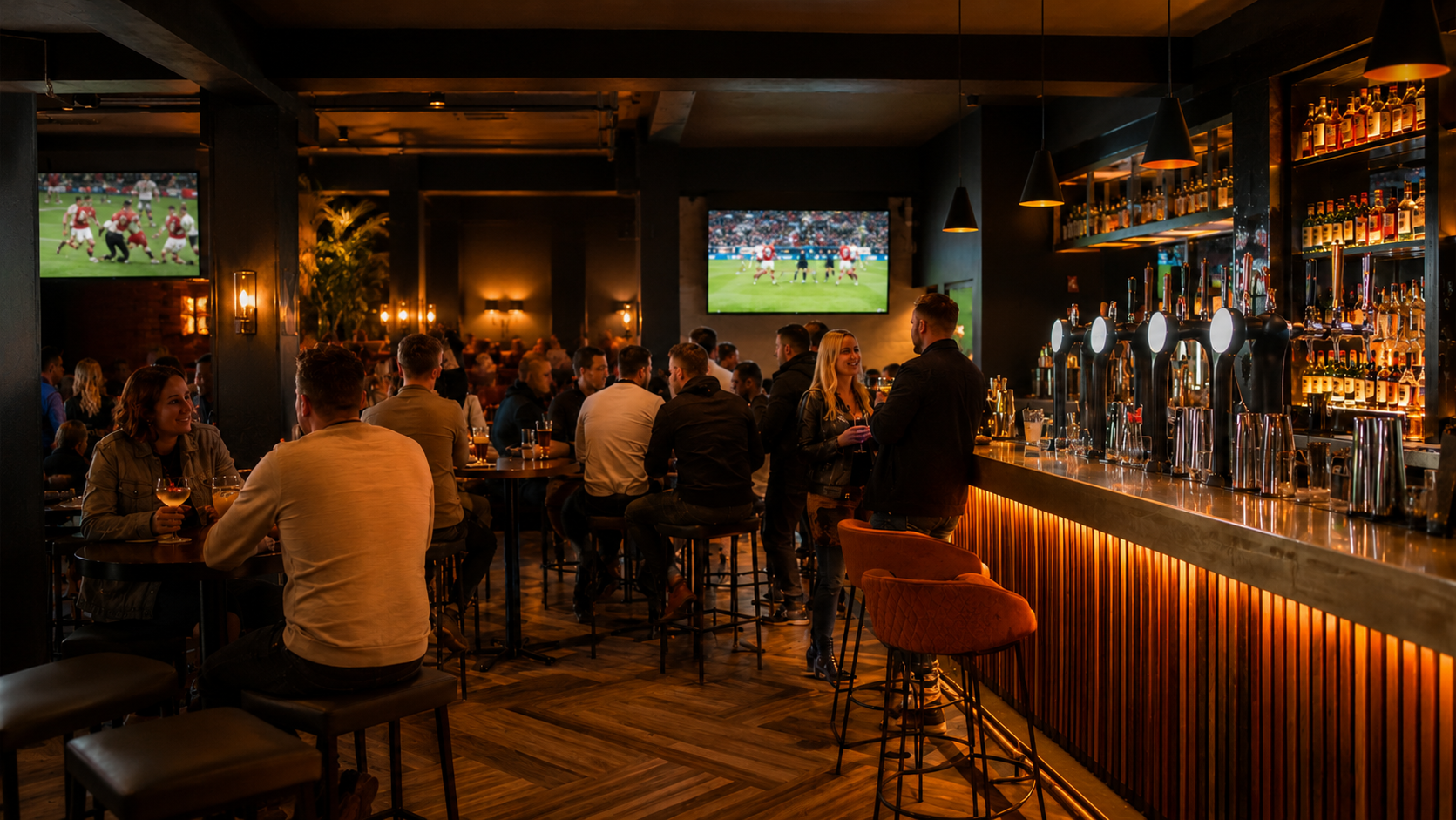A dimly lit sports bar with patrons sitting at tables and a bar counter, watching a football game on large TV screens mounted on dark walls.