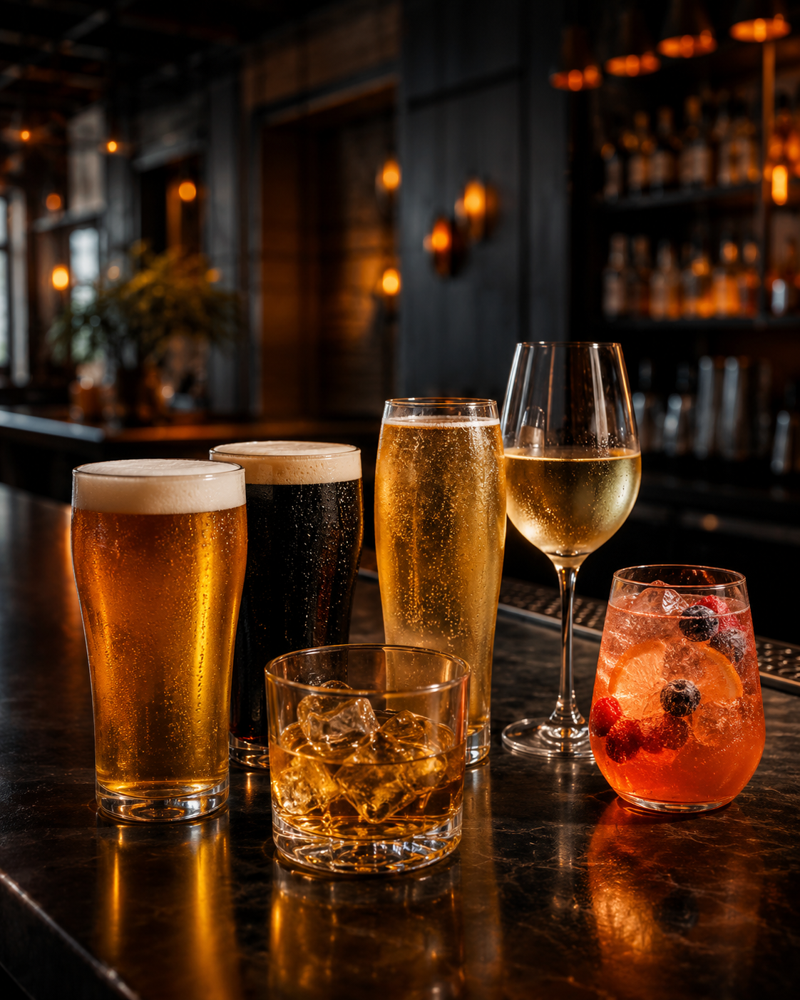 A variety of alcoholic drinks including beers, a glass of white wine, a whiskey with ice, and a fruit cocktail on a bar counter in a dimly lit bar or restaurant.
