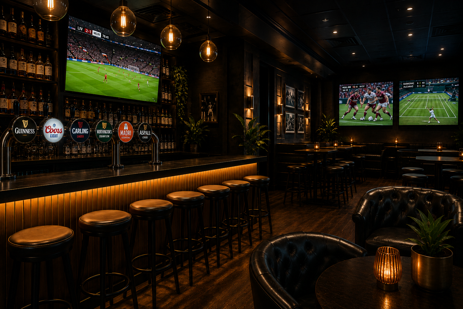 A dark sports bar with multiple large screens showing soccer matches. The bar has five beer taps with labels for Guinness, Coors Light, Carling Lager, Worthington's Creamflow, Madrid, and Aspall cider. There are bar stools along the counter, and a seating area with tufted leather chairs and a small table with a plant and a candle. The bar is decorated with framed sports photos and plants, with warm lighting and a cozy atmosphere.