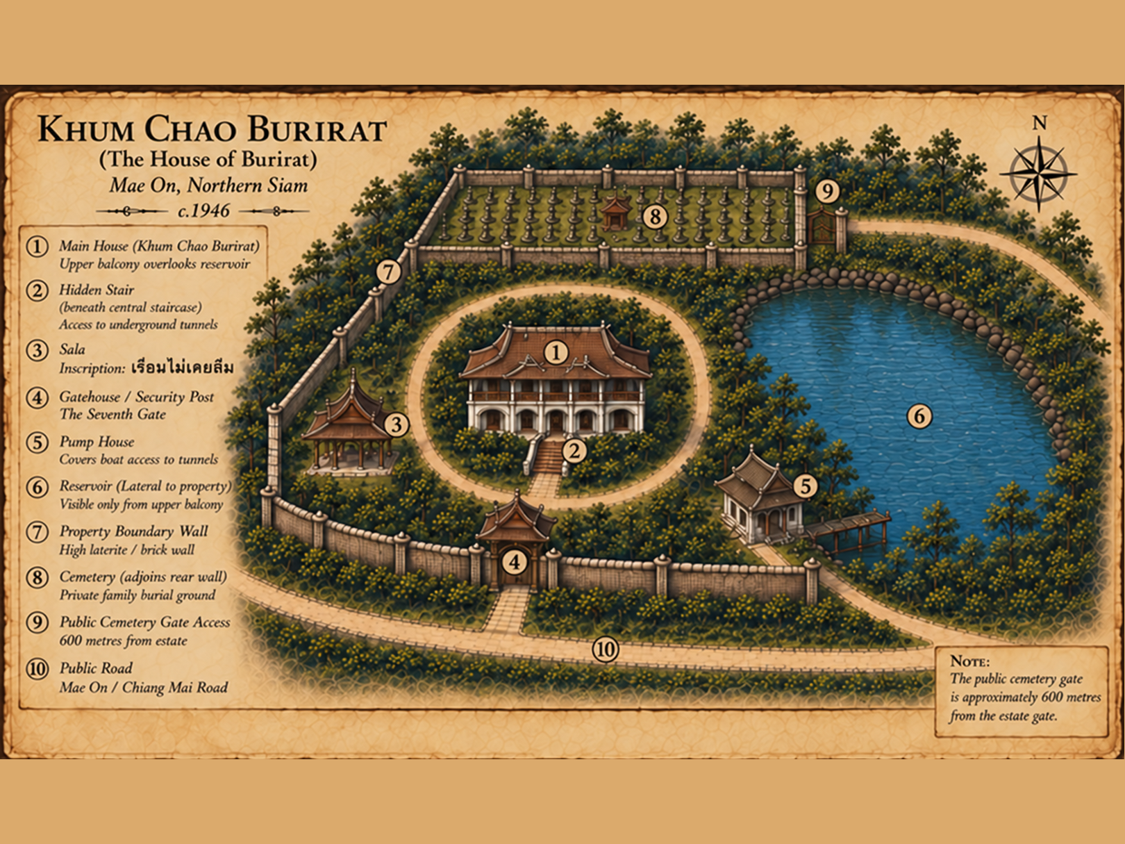 The Mae On Estate — The house, reservoir, sala and cemetery form the isolated world of the novel.