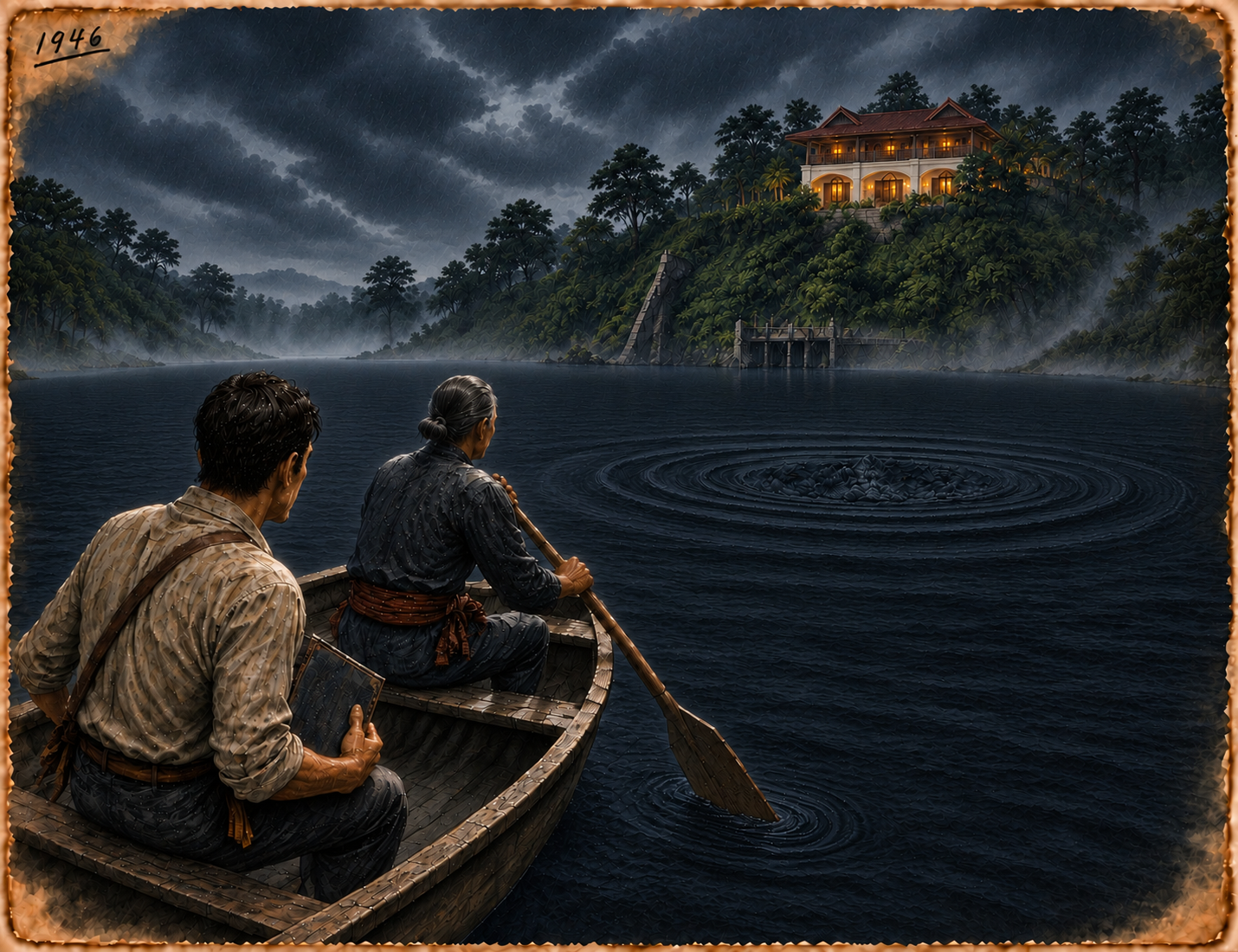 The Reservoir — Black water separates the house from the temple shore.