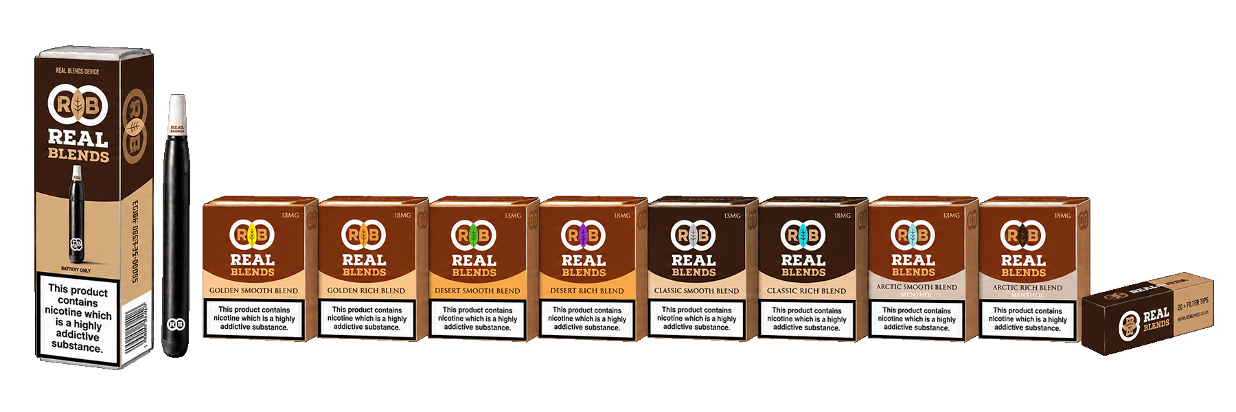 Lineup of various Real Blends nicotine vape products, including a box, a vape pen, and multiple boxes of different flavors and strengths, with a warning label on the box, all set against a black background.