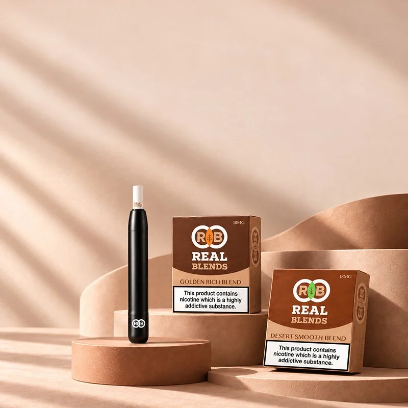 A vaping device and two boxes of Real Blends nicotine products on a beige abstract background with soft lighting.