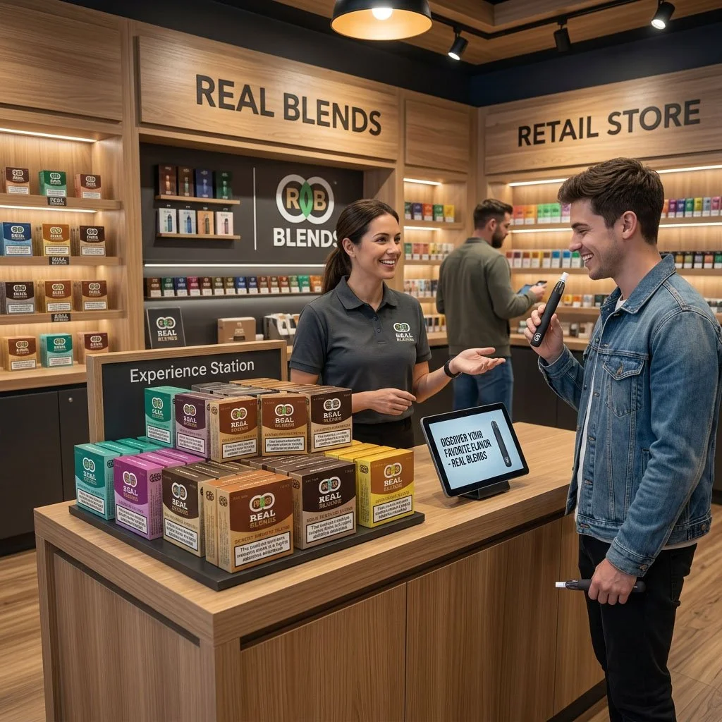 Real Blends pods on display in a UK vape shop.