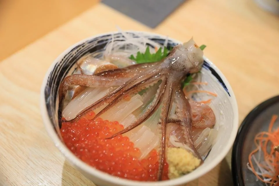 A typical Hakodate market dish, featuring octopus and ikura.