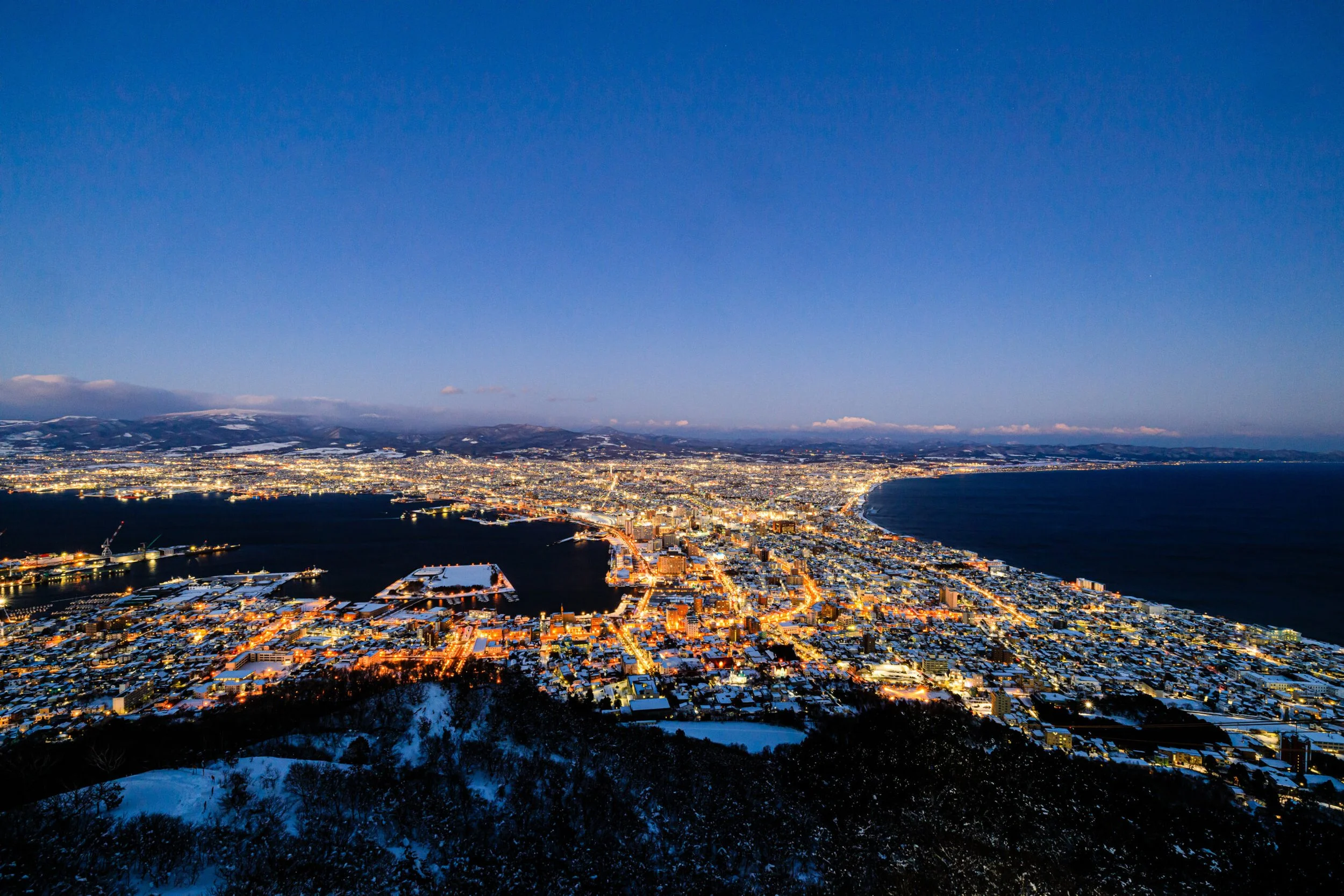 The view from the summit of Mt Hakodate as night falls. One of the three most beautiful night views in Japan.