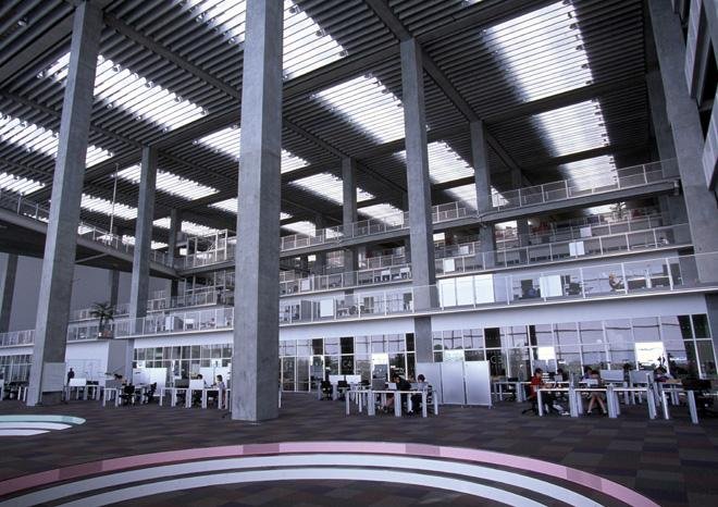 The interior of Future University, Hakodate, an extraordinary five-story open-plan modernist university.