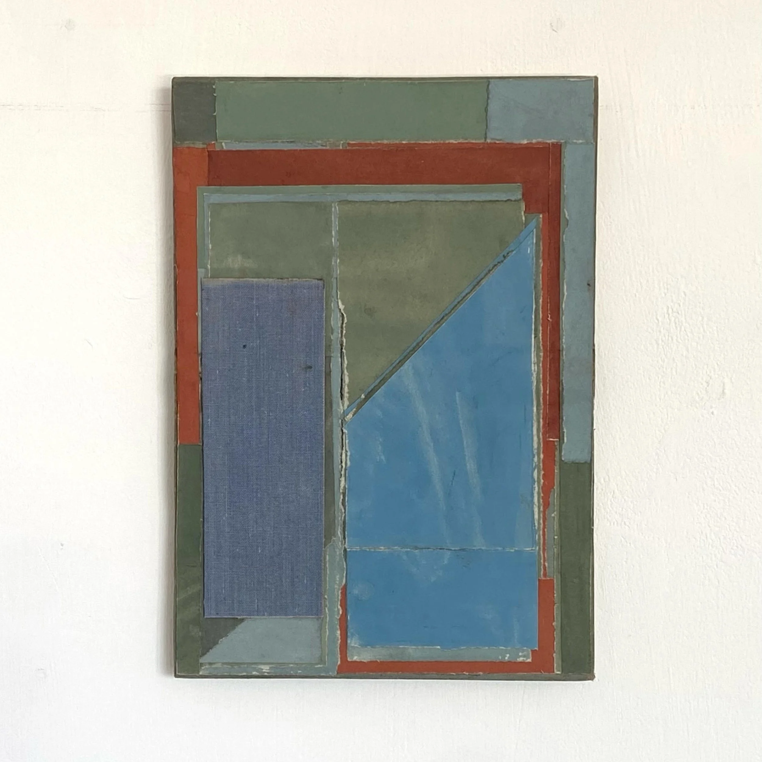Balancing Act, painted paper and collage on book cover, May 2025