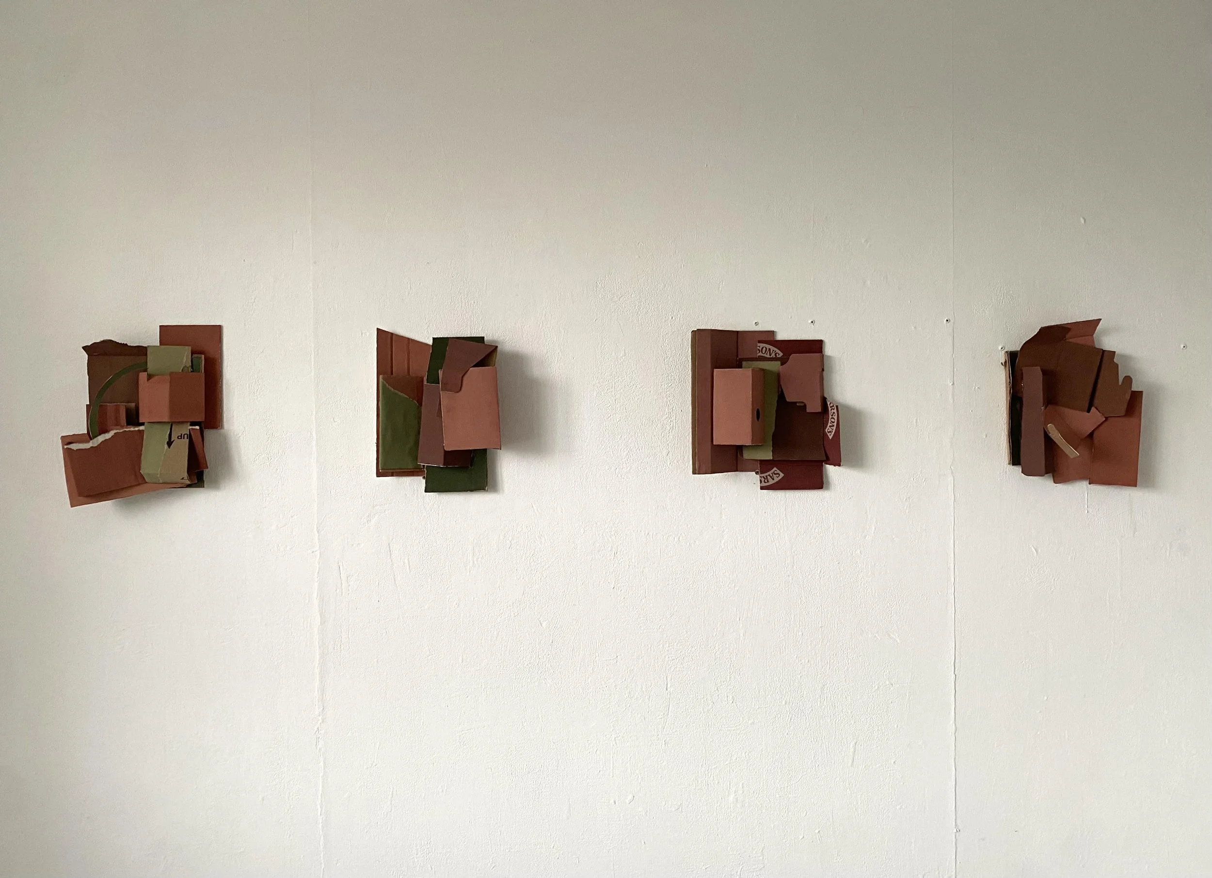 Central smaller constructions, gouache painted paper on cardboard, January 2025, 30 x 28 x 4 cm