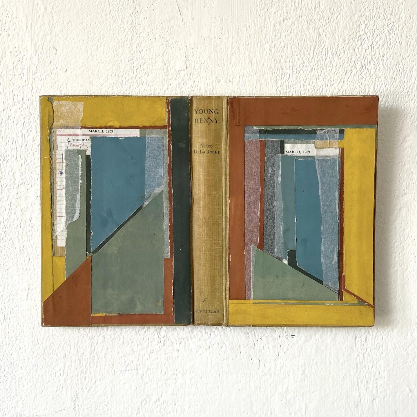 Young Renny, painted paper and found diary pages on book cover, April 2025