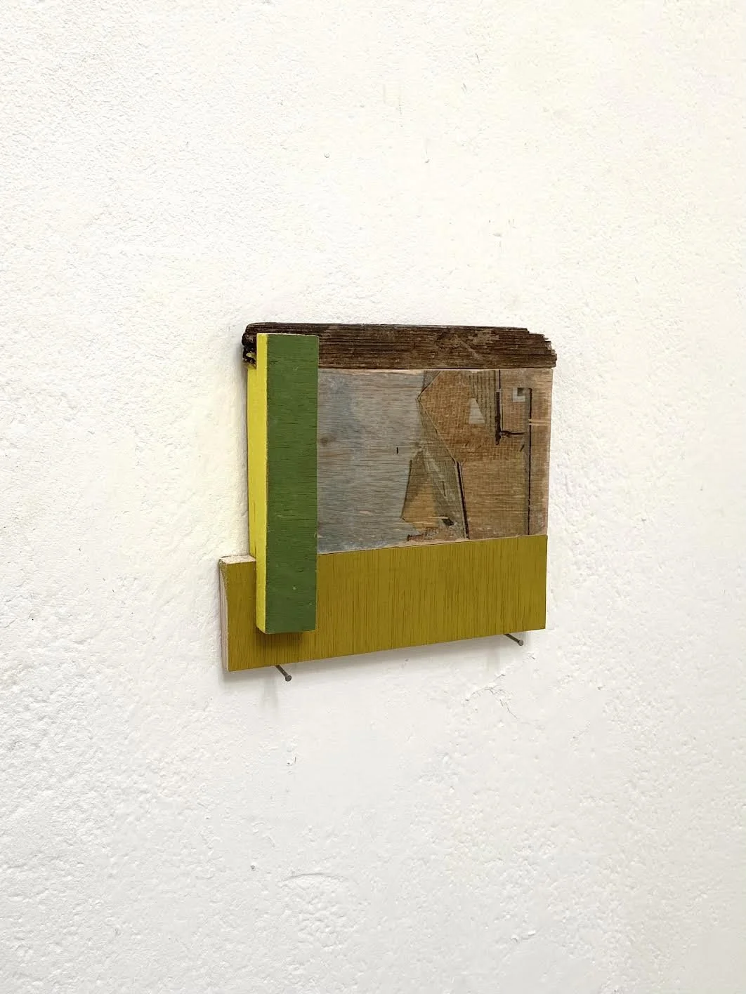 Joiner II, painted wood and image transfer construction, 18 x 12 x 3 cm, February 2026