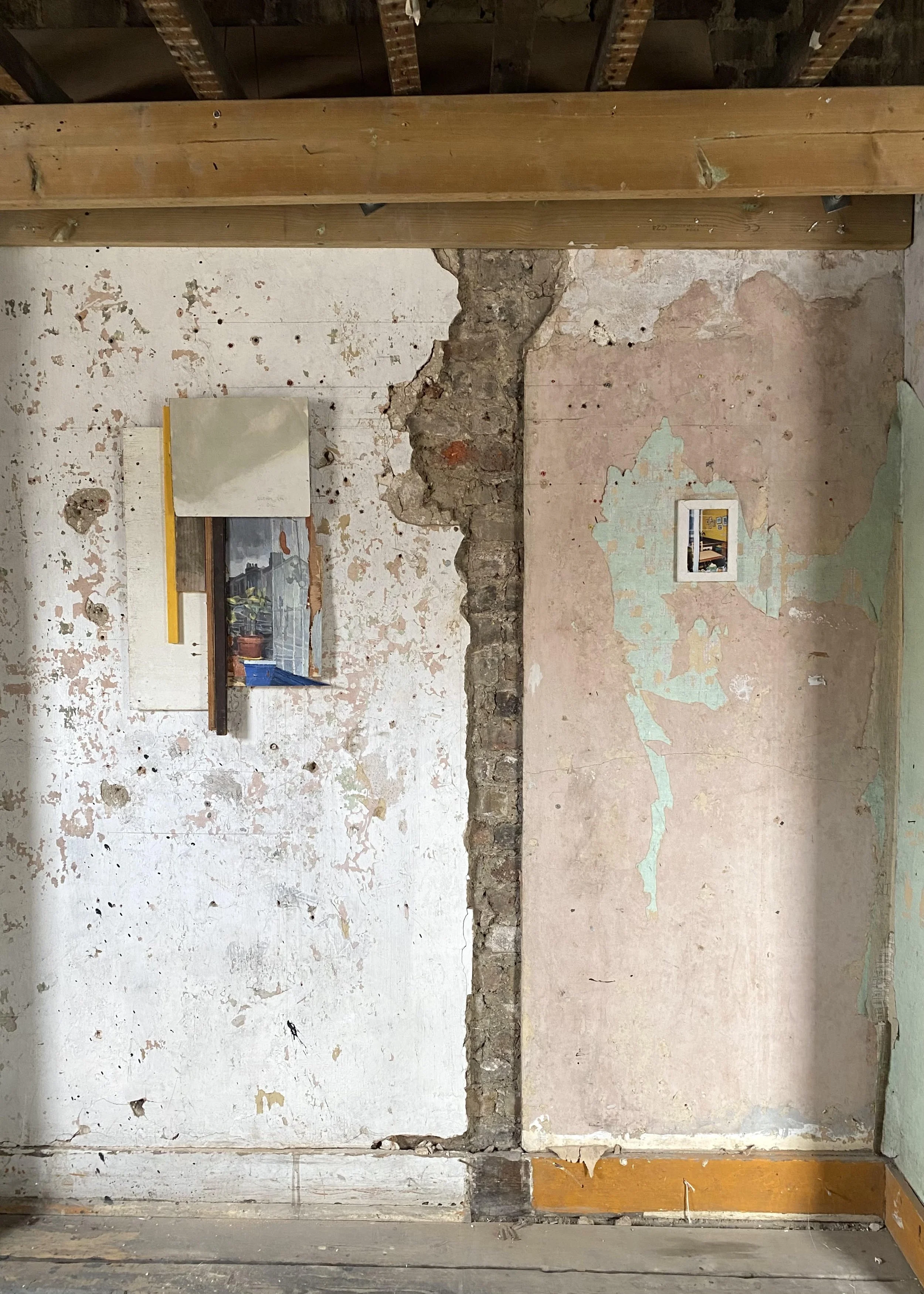 Installation shot of 'Bonnington Cafe' next to 'Cloudy Grey Oil' in group exhibition 'Home Troublesomely Eases Me Out' at Safehouse 2, Peckham, August 2025