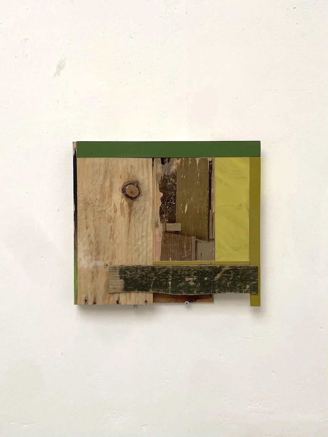 Inertia, painted wood, painted paper and image transfer construction, 35.5 x 31.5 x 4 cm, March 2026