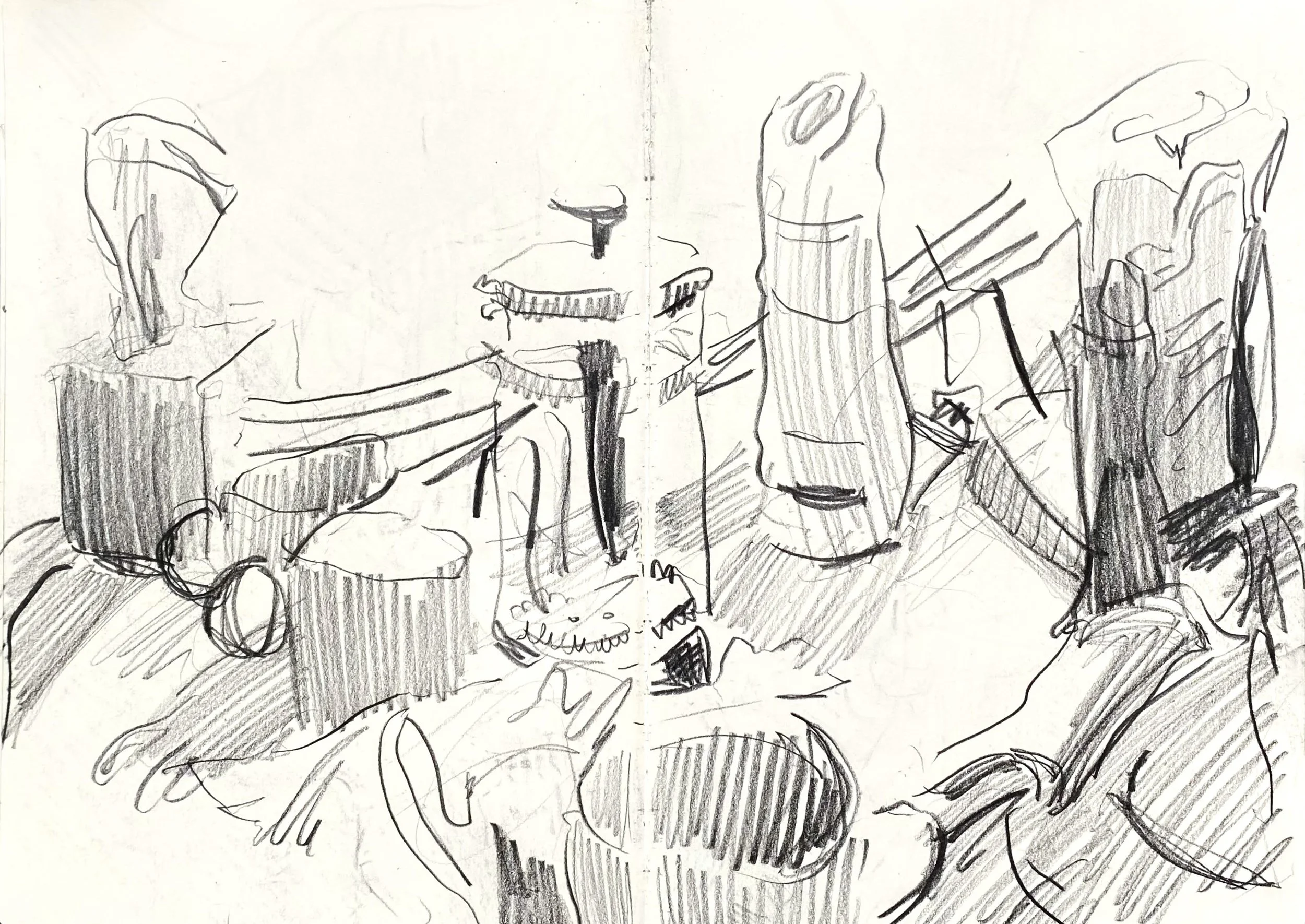 A pencil sketch of a still life arrangement on a table.