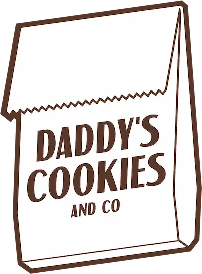 Emballage de biscuits avec le texte "Daddy's Cookies and Co" en lettres marron.