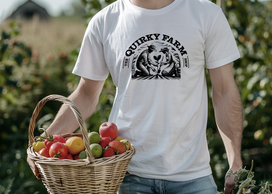 Fresh, homegrown fruit in a wicker basket held by a man in a The Quirky Farm Shop t-shirt with our country farming logo.
