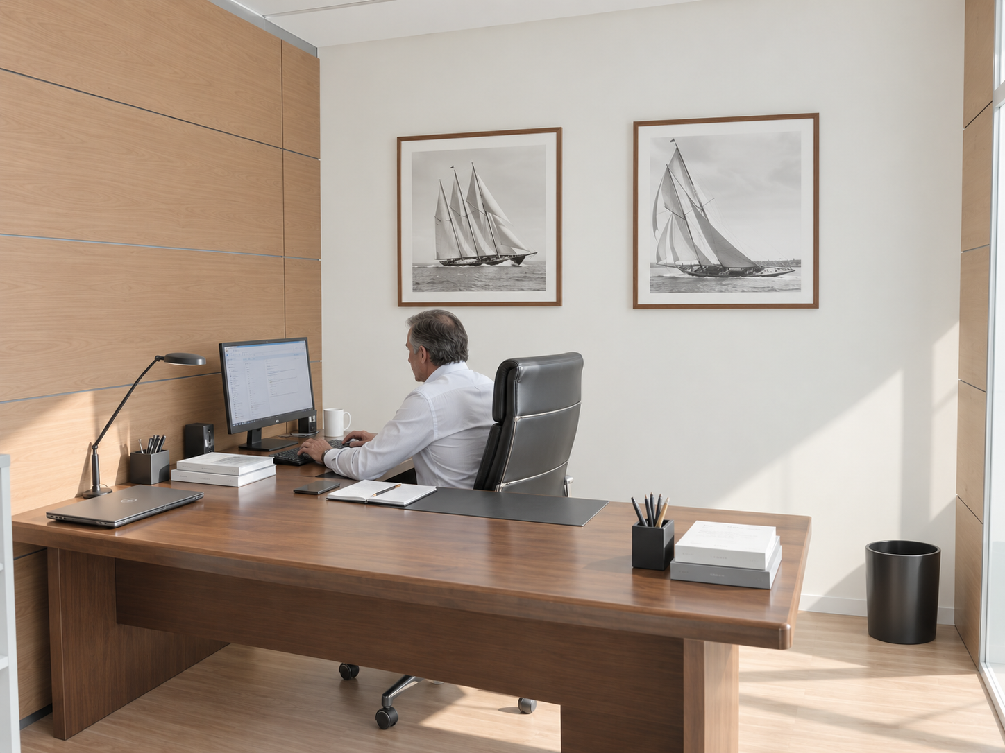 Hombre trabajando en oficina moderna con paredes de madera, cuadros de barcos a vela en blanco y negro, y escritorio de madera con computadora, libros, y artículos de oficina.
