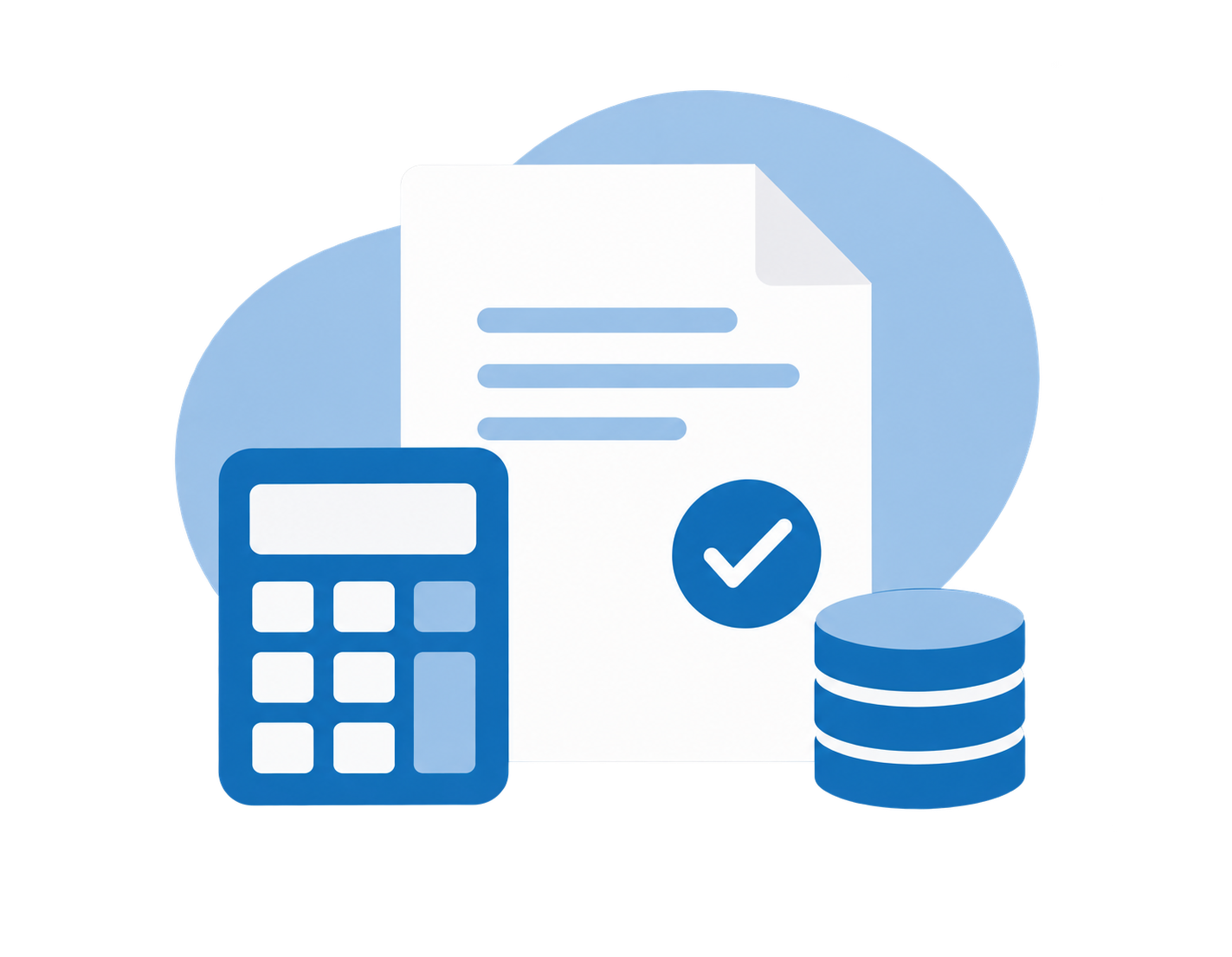 ícono de documentos, calculadora y monedas para representar finanzas o contabilidad