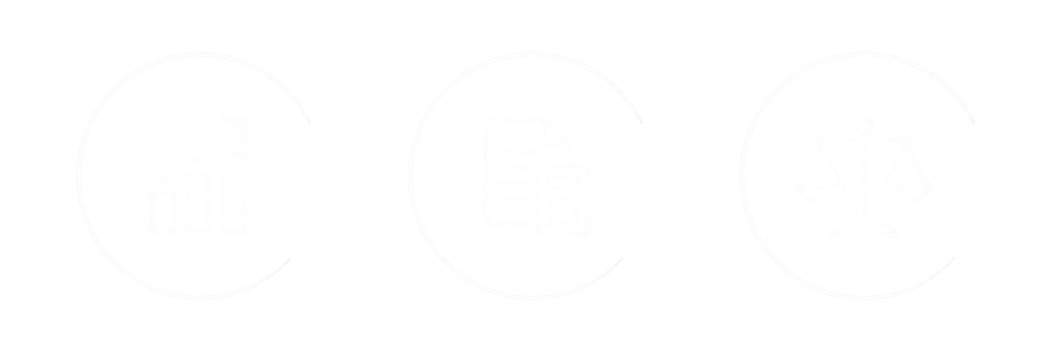 Iconos en círculo que representan crecimiento, finanzas, y ley en color blanco sobre fondo negro.