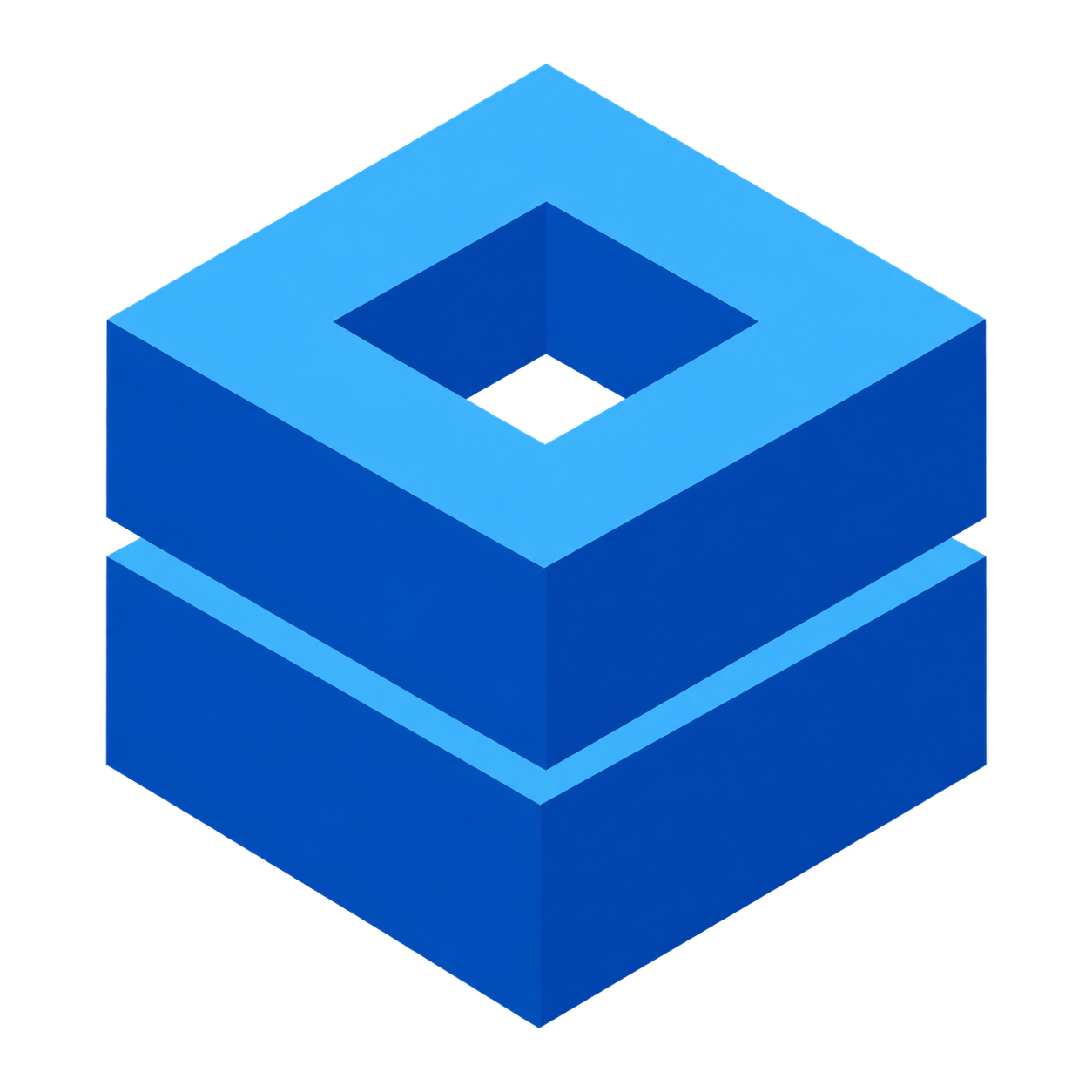 Modelo 3D de un objeto en forma de bloque con un hueco central, en tonos azules y con efecto de sombra para dar sensación de profundidad.