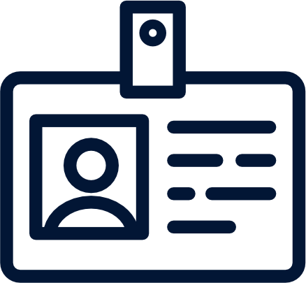 A graphic illustration of an ID badge with a photo placeholder, a round button at the top, and lines representing text.