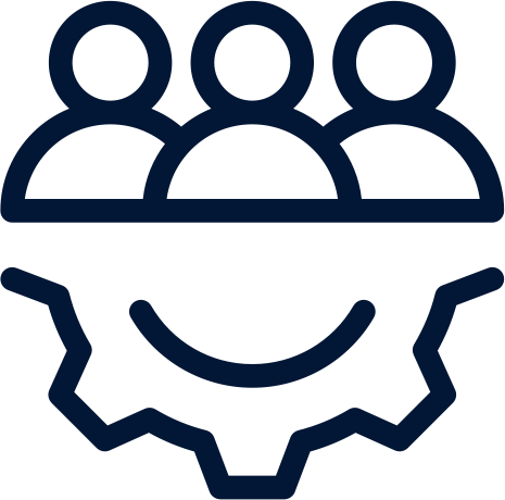Icon of a group of people inside a gear, symbolizing teamwork or community management.