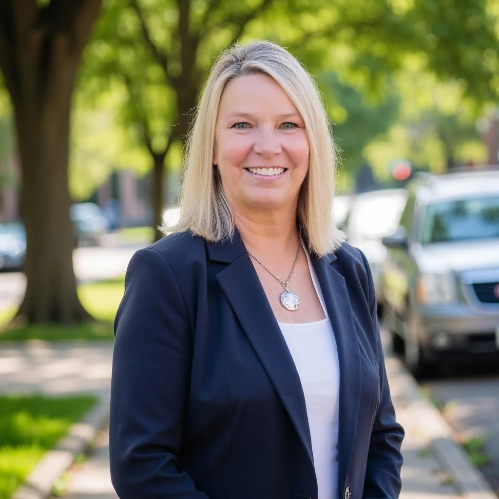 A blonde woman wearing a navy blazer and a white shirt standing outdoors in a park with green trees and parked cars in the background, smiling at the camera.