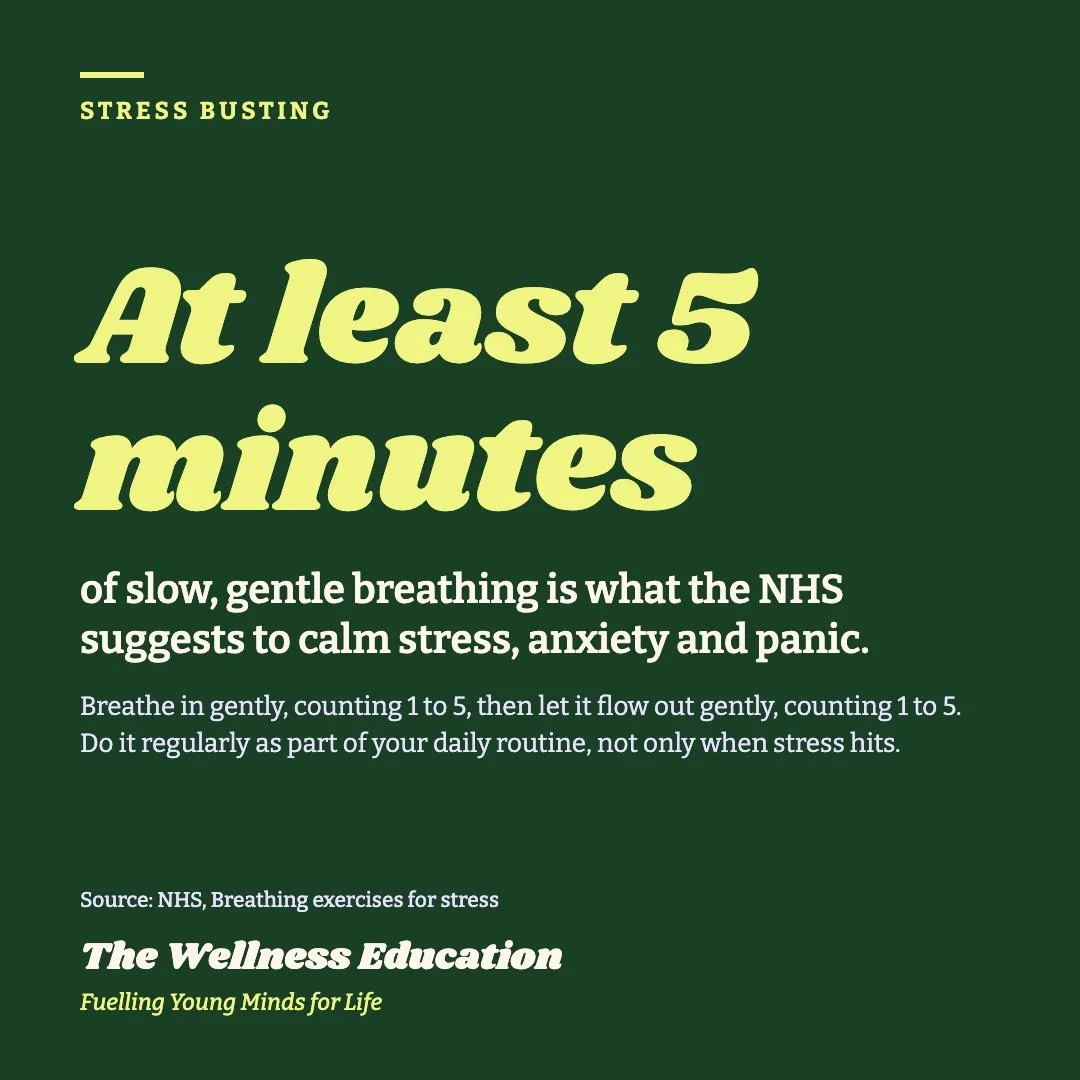 Feeling the pressure? We suggest at least 5 minutes of slow, gentle breathing to calm stress, anxiety and panic either at the beginning of the day, before a big exam or at the end of the day - it won't take long. Breathe in counting 1 to 5, then out 