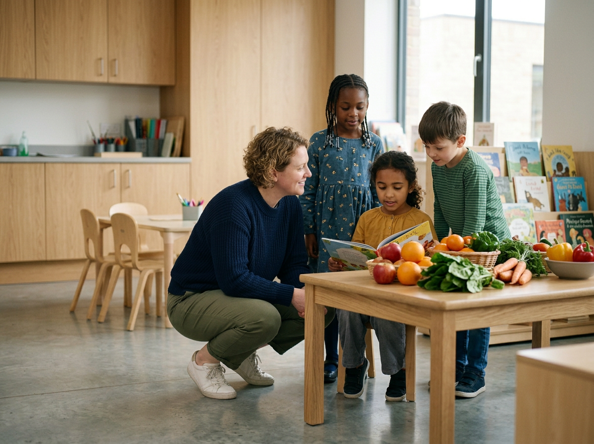A teacher and four children reading a book together in a classroom with a table of fresh vegetables and fruits.