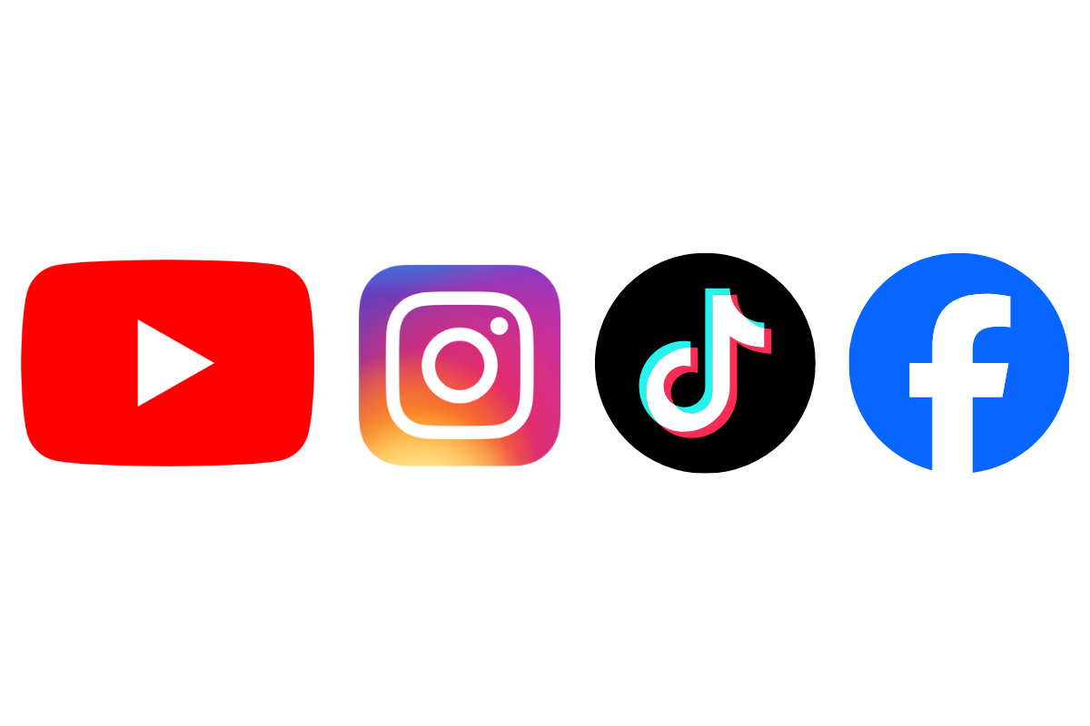 Collection of social media icons for YouTube, Instagram, TikTok, and Facebook.