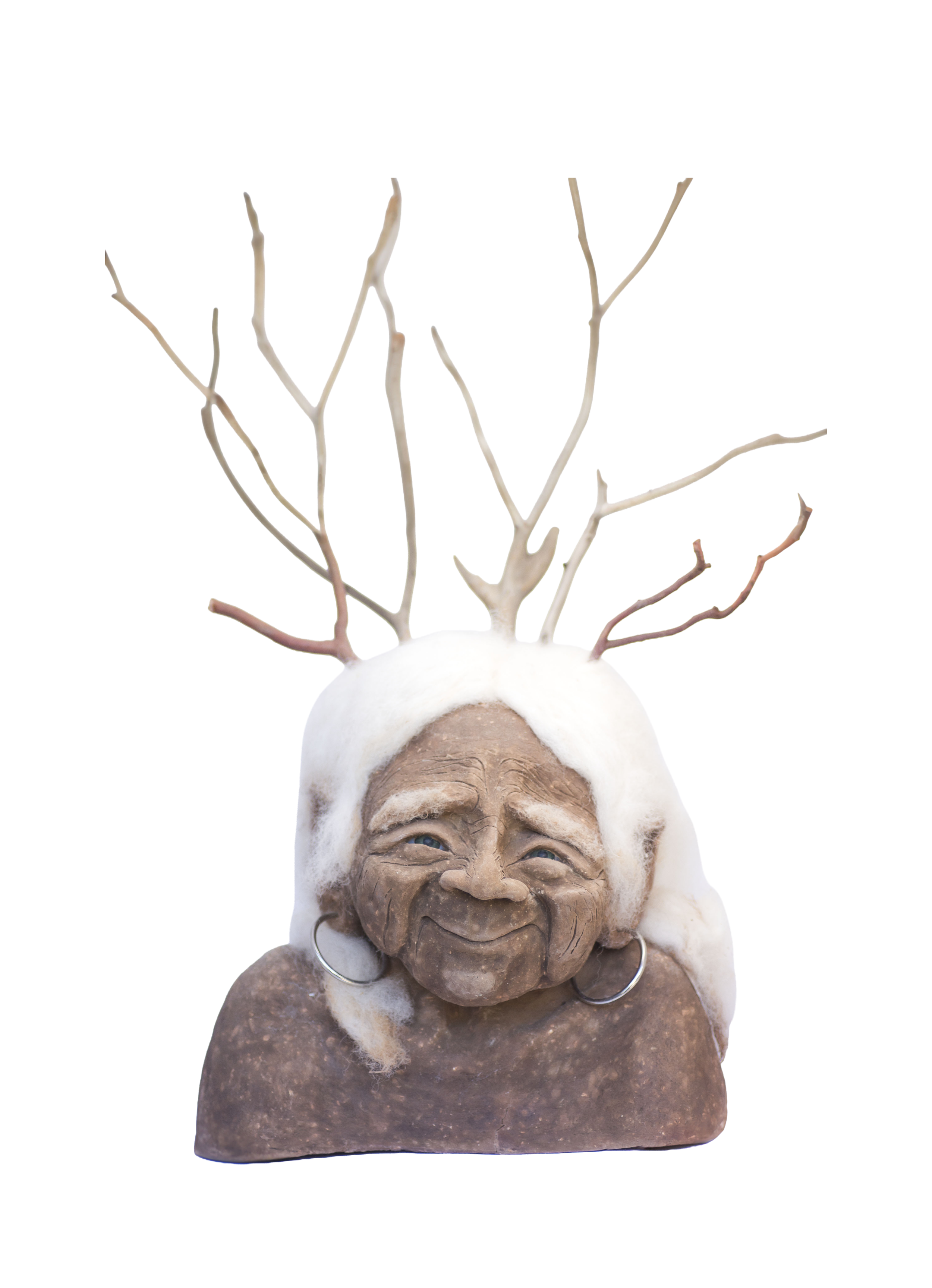 Grandmother Earth, a handmade natural earth sculpture by Roni Hirsch depicting an elderly woman with white wool hair and tree branches emerging from her head