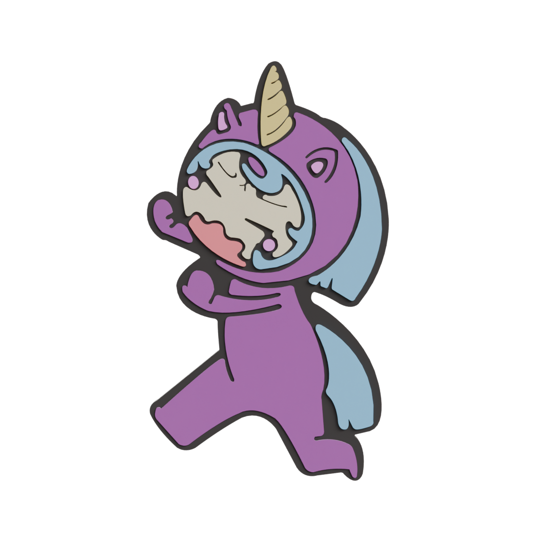 A colorful illustration of a cartoon unicorn dressed in a purple unicorn onesie, with a yellow horn, blue mane, and tail, standing with one leg raised, on a black background.