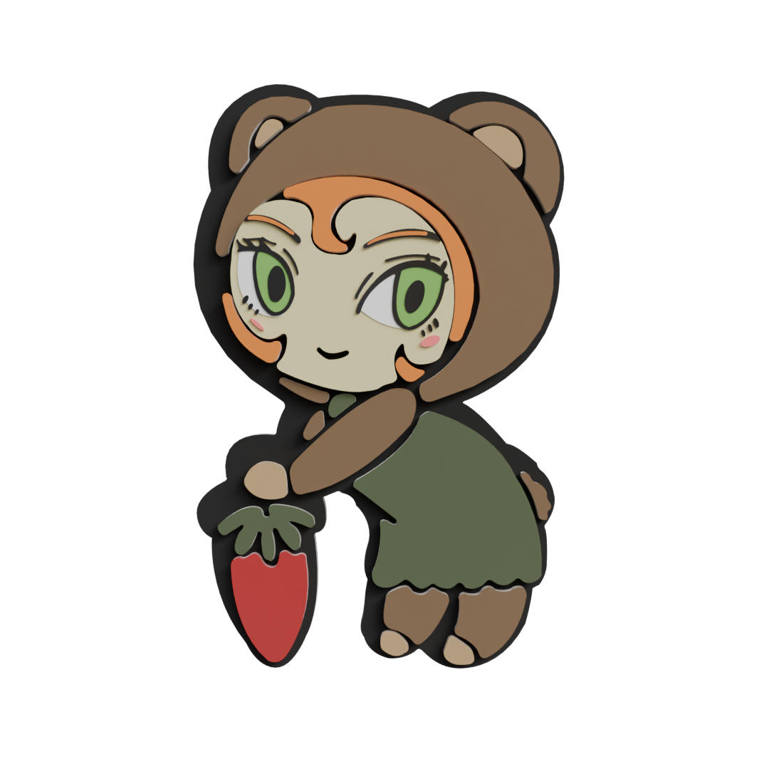 Cartoon character with large green eyes, wearing a bear costume, holding a large red strawberry, standing on a black background.