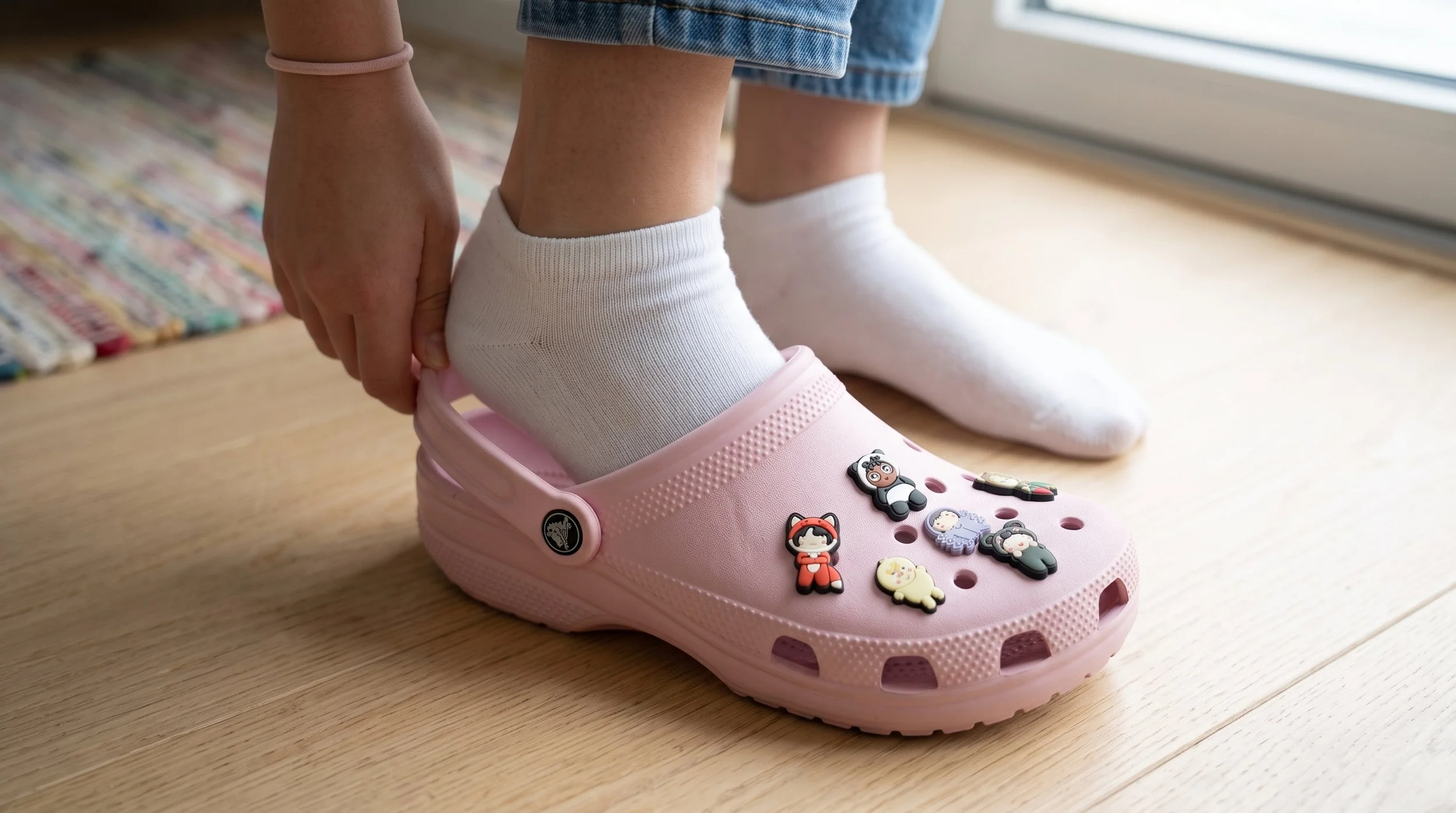 A child's leg is shown putting on a pink Croc-style shoe decorated with small cartoon character charms. The child is wearing a white sock and denim shorts, and is in an indoor setting with wooden flooring and a colorful rug nearby.