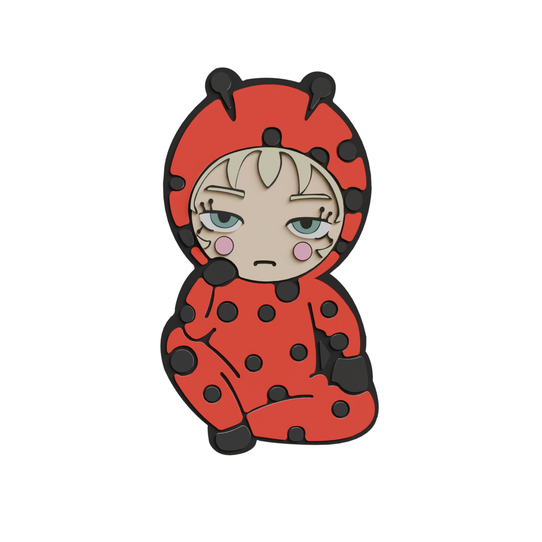 A cute chibi-style figure of a person in a red ladybug costume with black spots, with a bored expression and light-colored hair.